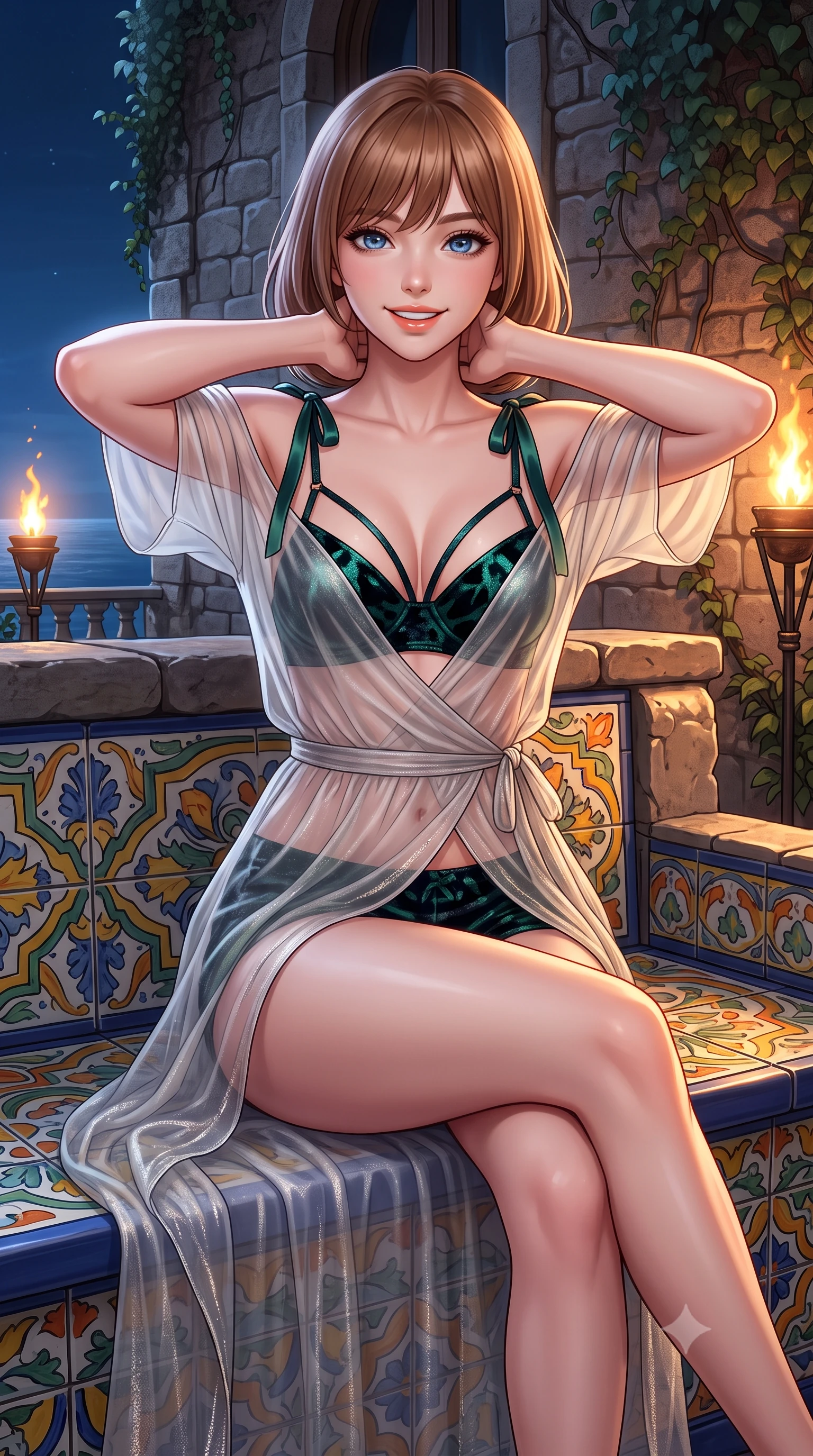 score_9, masterpiece, best quality, ultra-detailed, high-budget anime keyframe, semi-realistic 3D game render, editorial fashion photography, tasteful artistic composition, Caucasian woman. close-up cowboy shot from the waist and thighs up, the character dominates the composition, filling the frame with her large presence. resting both hands lightly behind her neck with elbows raised, arching her spine to highlight her narrow waist, flat midriff, and breathtaking collarbones while sitting perched on the colorful ceramic bench with legs crossed, running one manicured hand slowly down her hip with magnetic charm. The surrounding environment is rendered in vivid detail and crisp panoramic clarity: detailed sheer metallic-threaded gossamer caftan drape, micro satin bralette cling, and historic Amalfi stonecraft in high resolution. She has an exceptionally elegant, slender, and willowy female figure with an ultra-slim waist, flat toned midriff, narrow ribcage, and sculpted feminine hips creating an alluring, slim hourglass silhouette without bulk. sharp v-shaped jawline, high-bridge nose, intricate jewel-like sparkling eyes with depth, thick eyelashes, glossy parted lips with a natural peach sheen, bright cheerful beaming smile with an enchanting and coquettish sensual glint, exuding both youthful cute charm and seductive allure, flawlessly proportioned anatomical accuracy, strict slender model proportions, natural body alignment, perfectly sculpted long slender limbs, ultra-slim waistline, clean dynamic posture without body distortion. wearing a delicate translucent silk chiffon wrap robe slipping off bare shoulders over a strappy underwire bralette and micro-shorts in Mayfair midnight noir and emerald velvet green, woven from stretch metallic lurex jersey casting radiant starlight glints across her curves, finished with satin ribbon ties at the shoulders fluttering in the gentle breeze, the high-slit wrap tailoring accentuating her ultra-slim waistline and the enchanting curve of her feminine hips with alluring seductive charm. bathed in the dramatic warm 2100K flame glow of dancing oil torches mixed with cool Mediterranean sea moonlight. highly saturated vibrant anime colors, detailed shading with soft gradients, rich glossy textures, high-contrast stereoscopic depth, volumetric dynamic lighting, master piece, 9:16 ratio