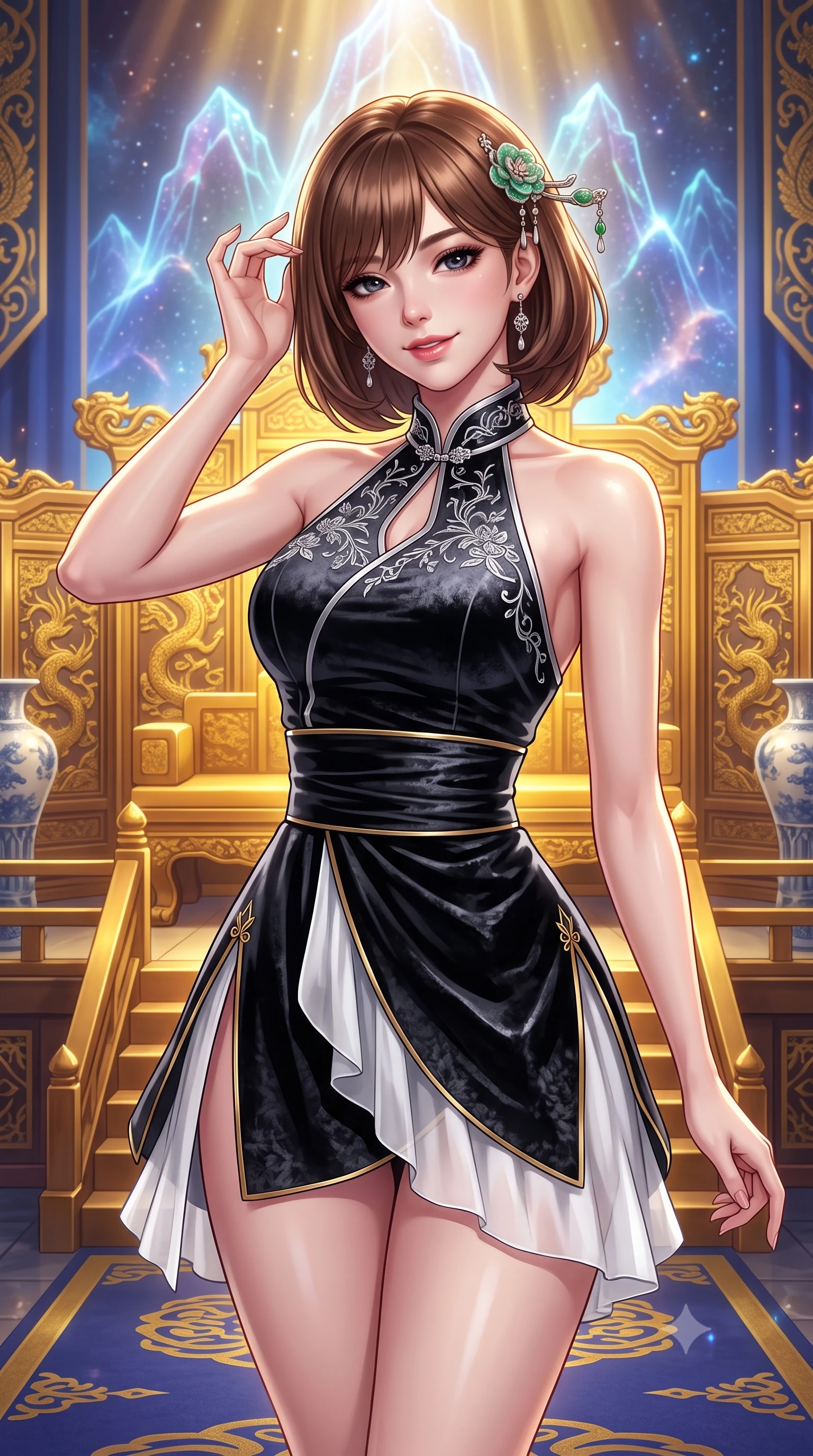 score_9, masterpiece, best quality, ultra-detailed, high-budget anime keyframe, semi-realistic 3D game render, editorial fashion photography, tasteful artistic composition, Caucasian woman. close-up cowboy shot from the waist and thighs up, the character dominates the composition, filling the frame with her large presence. tilting her head with an alluring smile while arching her spine with dancer poise, one hand touching her ornate jade hairpin in a flirtatious S-curve while standing poised before the elevated golden throne dais, arching her spine with sovereign empress majesty as holographic cosmic peaks glow. The surrounding environment is rendered in vivid detail and crisp panoramic clarity: detailed royal gold embroidery, jewelry sparkle, and monumental palace throne architecture in razor-sharp precision. She has an exceptionally elegant, slender, and willowy female figure with an ultra-slim waist, flat toned midriff, narrow ribcage, and sculpted feminine hips creating an alluring, slim hourglass silhouette without bulk. sharp v-shaped jawline, high-bridge nose, intricate jewel-like dark sparkling almond eyes with depth, thick lashes, glossy parted lips with a natural rose-plum sheen, bright alluring and coquettish smile with bedroom-eyes, exuding both timeless oriental elegance and sovereign high-fashion allure, flawlessly proportioned anatomical accuracy, strict slender model proportions, natural body alignment, perfectly sculpted long slender limbs, ultra-slim waistline, clean dynamic posture without body distortion. wearing a modern halter-neck fusion hanbok bodice with delicate silver embroidery and a fluttering layered chiffon wrap mini skirt in stark monochrome black and white ink contrast, crafted from sumptuous crushed winter velvet with deep light-absorbing plushness, finished with sharp laser-cut side hip slits framed by gold piping, the high-waisted wrap tailoring accentuating her ultra-slim waistline and the enchanting curve of her feminine hips with alluring oriental charm. bathed in majestic royal gold and sapphire light radiating from the holographic throne backdrop. highly saturated vibrant anime colors, detailed shading with soft gradients, rich glossy textures, high-contrast stereoscopic depth, volumetric dynamic lighting, master piece, 9:16 ratio