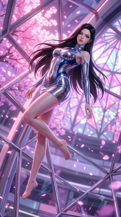 score_9, masterpiece, best quality, ultra-detailed, high-budget anime keyframe, editorial fashion photography, tasteful artistic composition, Korean woman. low angle full-body shot from head to toe showing her feet, filling the entire 9:16 vertical f