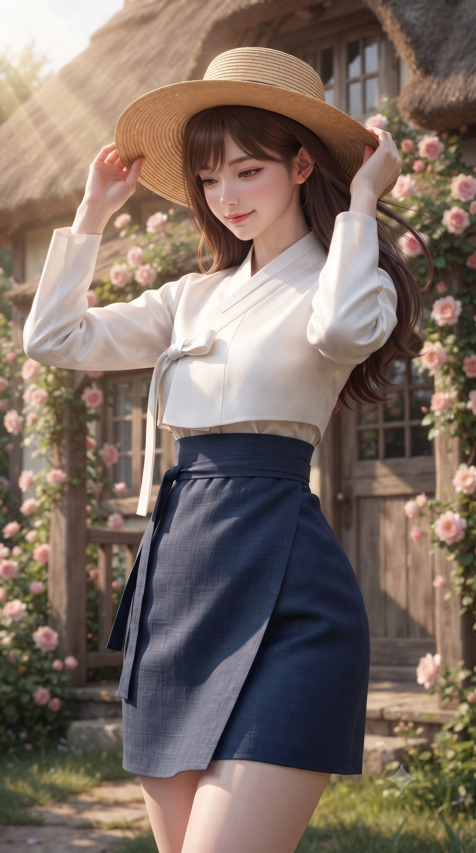 score_9, masterpiece, best quality, ultra-detailed, high-budget anime keyframe, editorial fashion photography, tasteful artistic composition, Korean woman woman. close-up cowboy shot from the waist and thighs up, the character dominates the composition, filling the frame with her large presence, background elements kept in soft focus. holding a wide-brimmed straw hat with both hands against the breeze, looking down with a soft smile the background shows a soft-focus the front porch of a charming thatched-roof cottage covered in climbing pink roses. She has an exceptionally elegant, slender, and willowy female figure with an ultra-slim waist, a gracefully sculpted slender torso, and a refined silhouette. sharp v-shaped jawline, high-bridge nose, intricate jewel-like eyes with depth, thick eyelashes, glossy lips with a natural sheen. wearing a body-hugging modern fusion hanbok wrap skirt in navy blue linen, paired with a white silk jeogori. warm morning sunbeams highlighting the rustic wooden door and flowers. ultra-reflective glossy finish, specular highlights, metallic sheen, high-contrast stereoscopic depth, volumetric dynamic lighting, 2k, ultra detail, master piece, 9:16 ratio