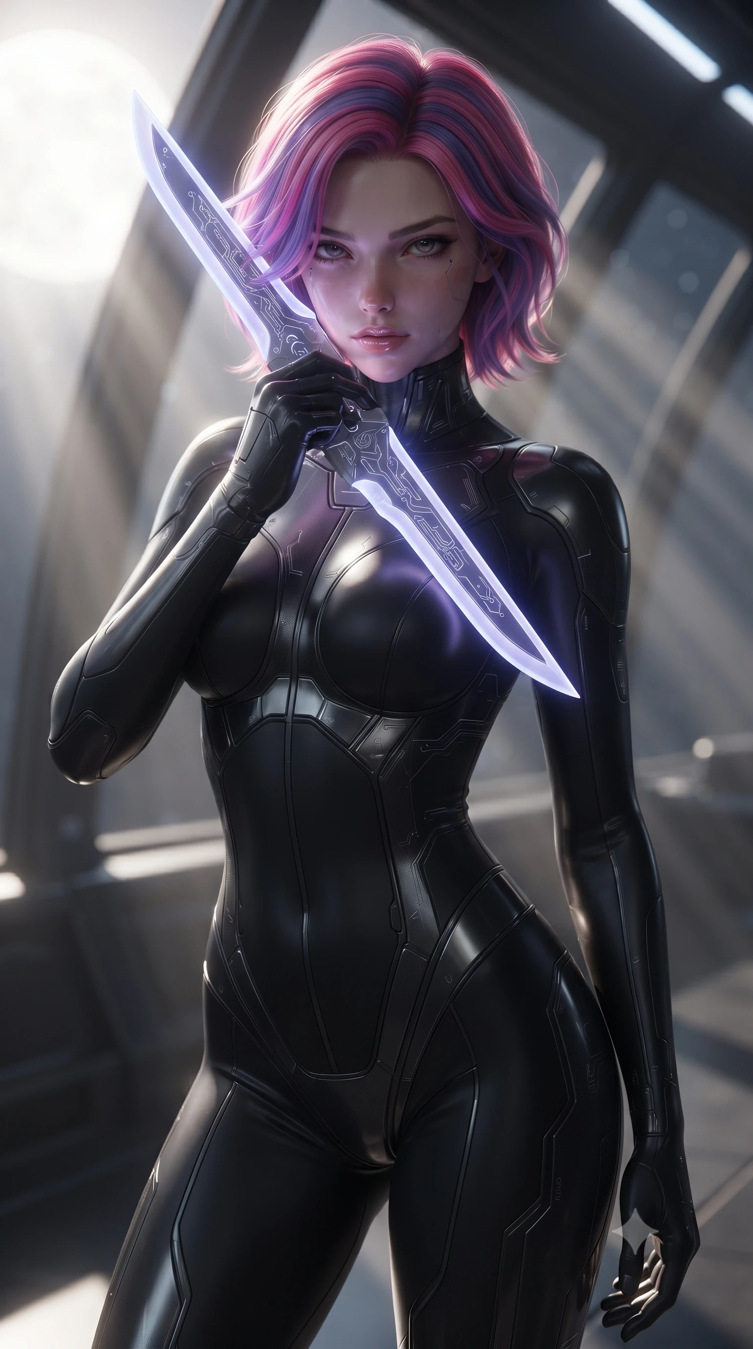 score_9, masterpiece, best quality, ultra-detailed, high-budget anime keyframe, editorial fashion photography, tasteful artistic composition, Caucasian woman. close-up cowboy shot from the waist and thighs up, the character dominates the composition, filling the frame with her large presence, background elements kept in soft focus. pressing the flat side of a glowing vibro-blade against her cheek, locking eyes with the viewer with bedroom-eyes, the background shows a soft-focus a train observation deck with glass panels showing a binary sun system. She has an exceptionally elegant, slender, and willowy female figure with an ultra-slim waist, a gracefully sculpted slender torso, and a refined silhouette. sharp v-shaped jawline, high-bridge nose, intricate jewel-like eyes with depth, thick eyelashes, glossy lips with a natural sheen. wearing a form-contouring form-fitting cybernetic combat suit in matte black latex, tracing her willowy silhouette with a high neck. volumetric sunbeams slicing through glass panels, creating dramatic light rays. ultra-reflective glossy finish, specular highlights, metallic sheen, high-contrast stereoscopic depth, volumetric dynamic lighting, 2k, ultra detail, master piece, 9:16 ratio