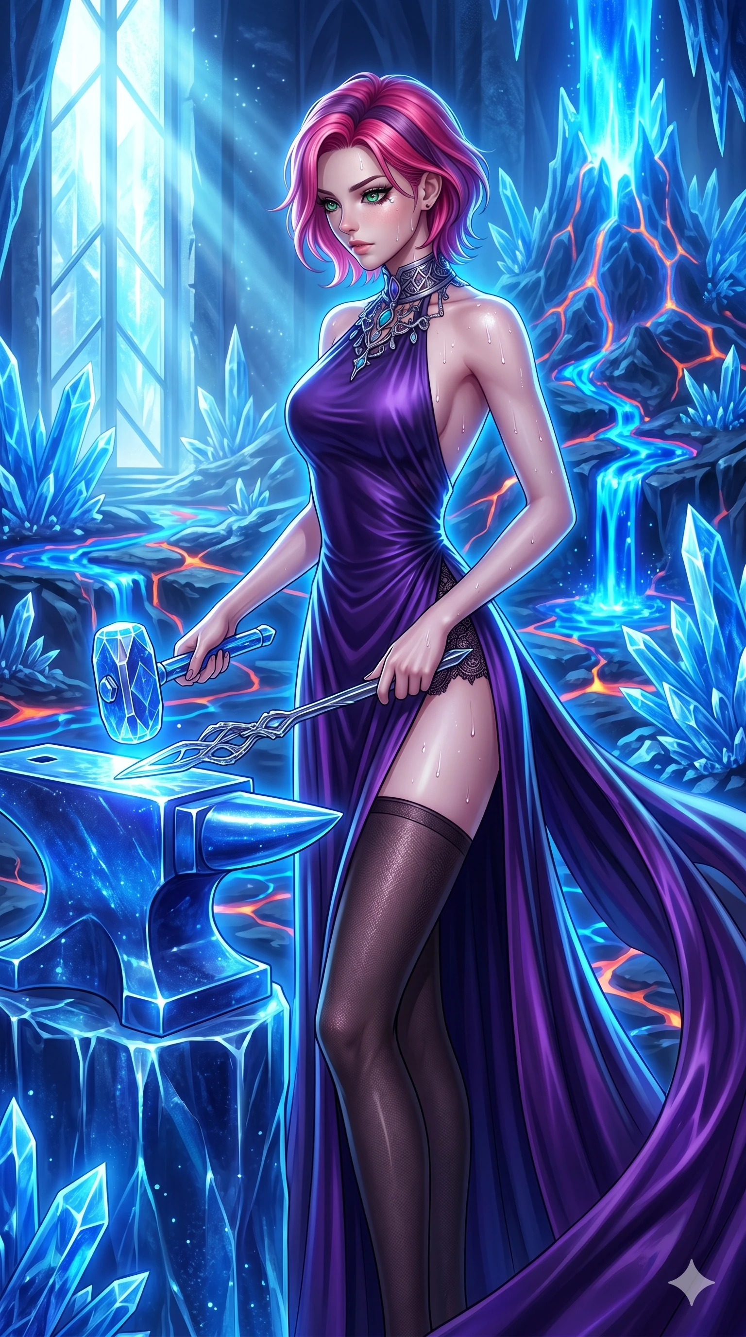 score_9, masterpiece, best quality, ultra-detailed, high-budget anime keyframe, Japanese woman. upper body close-up from the thighs up, character filling the screen for maximum presence. forging in a prismatic ice-volcano temple where glowing cobalt-blue liquid magma flows between frozen blue ash crystals. She has an absolutely perfect 8-heads proportion, an exceptionally tall and slender female figure with impossibly long slender legs and an ultra-slim waist. V-shaped jawline, high-bridge nose, intricate jewel-like eyes with depth, thick eyelashes, glossy lips with a natural sheen.. wearing a gothic liquid silk gown, featuring a deep purple liquid silk maxi gown draped around her, secured by a metallic choker collar, with a high side slit. bathed in brilliant cinematic volumetric lighting and intense neon rim light highlighting her slender form. 2k, ultra detail, master piece, 9:16 ratio