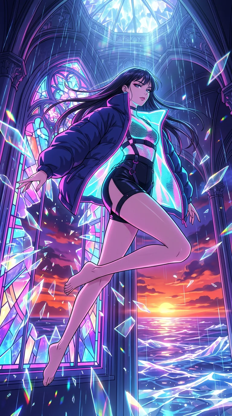 score_9, masterpiece, best quality, ultra-detailed, High-budget Anime Keyframe, vibrant colors, fluid line-art, expressive lighting, cinematic composition, Ufotable-style visual effects, top-tier animation quality, Japanese woman with delicate and elegant anime-inspired features. Dramatic low angle looking up at her majestic stature, dominating the vertical space of the composition. Leaping through the shattered stained glass of a neon-lit futuristic cathedral, her body caught in mid-air as prismatic light fragments explode around her and digital rain falls from the vaulted ceiling. She has an absolutely perfect 8-heads proportion, an exceptionally tall and slender female figure with impossibly long slender legs and an ultra-slim waist, her statuesque height and towering silhouette dominating the vertical 9:16 frame. Her face is a masterpiece featuring a sharp v-shaped jawline, high-bridge nose, intricate jewel-like eyes with depth, thick eyelashes, and glossy lips with a natural sheen. She is wearing a Oversized puffer jacket worn over a micro-shorts and harness set, unzipped to reveal her chest crafted from Fluorescent mesh that glows brightly under neon light, highlighting her silhouette, with a dangerous high slit that showcases her impossibly long slender legs. The scene is set in a vibrant sunset over a futuristic crystalline ocean with waves made of liquid light, illuminated by ethereal moonlight filtering through a crystalline canopy, creating soft highlights. 2k, ultra detail, master piece, 9:16 ratio