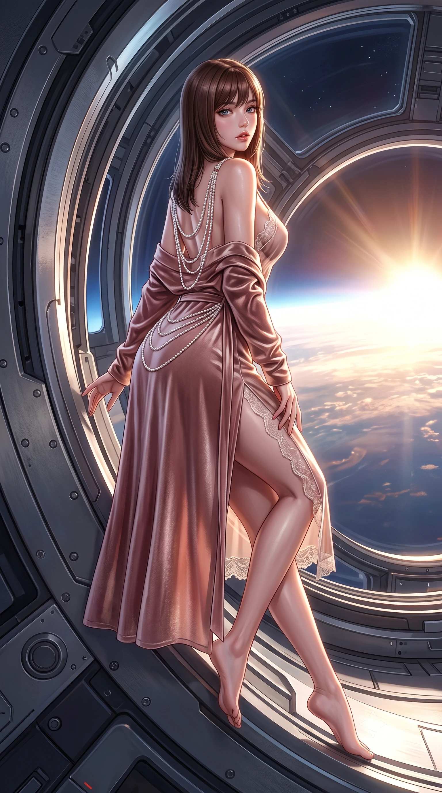 score_9, masterpiece, best quality, ultra-detailed, high-budget anime keyframe, semi-realistic 3D game render, editorial fashion photography, tasteful artistic composition, Korean woman. low angle full-body shot from head to toe showing her feet, filling the entire 9:16 vertical frame with her statuesque presence, stretching her vertical silhouette. leaning deep against the structural architecture with hips cocked in an unapologetically bold, seductive high-fashion stance while floating weightlessly beside an architectural titanium lounge ring, arching her spine in a fluid, dancer-like line as orbital sunrise floods her silhouette. The surrounding environment is rendered in vivid detail and crisp panoramic clarity. sharp curved station viewport frames, titanium bulkhead rivets, and magnetic deck seams in deep focus. She has an exceptionally tall and slender model-like 8.5-heads proportion, an ultra-slim waist, a flat toned midriff, narrow delicate ribcage, and beautifully sculpted feminine hips creating a graceful, slim hourglass silhouette without any bulky heaviness, with impossibly long slender legs. sharp v-shaped jawline, high-bridge nose, intricate jewel-like eyes with depth, thick eyelashes, glossy parted lips with a natural sheen, intensely captivating and seductive bedroom-eyes expression, flawlessly proportioned anatomical accuracy, strict slender model proportions, natural body alignment, perfectly sculpted long slender limbs, ultra-slim waistline, clean dynamic posture without body distortion. wearing a sheer vintage lace-trimmed slip dress layered under an open velvet robe with an ultra-high side slit in dusky blush rose and shimmering champagne shimmer, formed from supple second-skin lambskin leather with specular sheen, accented with a multi-strand pearl back necklace cascading down her bare spine to her hips, the glove-like aerodynamic silhouette tightly following the natural contour of her hips and long slender legs with statuesque 8.5-heads elegance. illuminated by sleek metallic specular reflections sharply defining her bare collarbones, ultra-slim waist, and curvy hips. highly saturated vibrant anime colors, detailed shading with soft gradients, rich glossy textures, high-contrast stereoscopic depth, volumetric dynamic lighting, master piece, 9:16 ratio