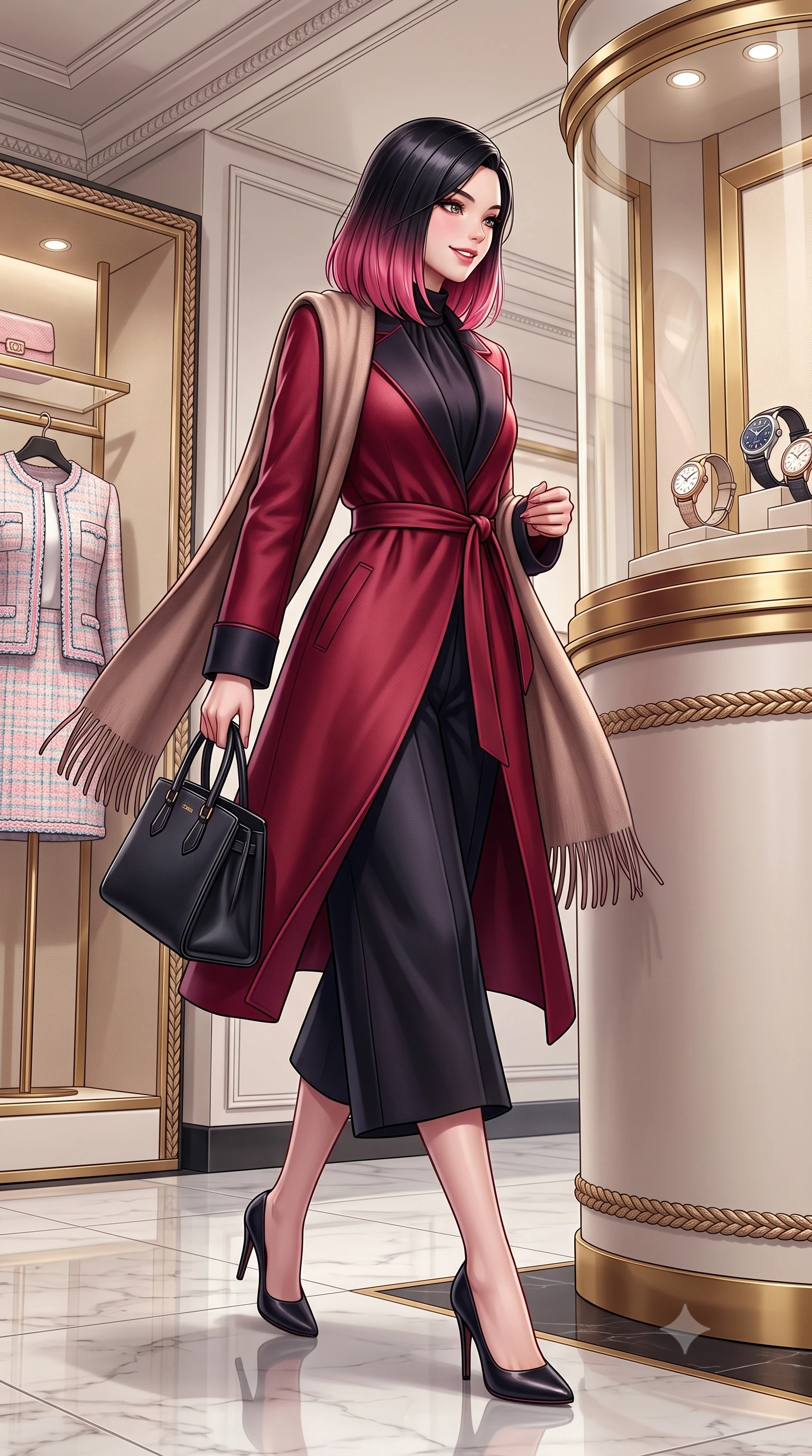 score_9, masterpiece, best quality, ultra-detailed, high-budget anime keyframe, semi-realistic 3D game render, editorial fashion photography, tasteful artistic composition, Korean woman. low angle full-body shot from head to toe showing her feet, filling the entire 9:16 vertical frame with her statuesque presence, stretching her vertical silhouette. walking briskly with tall supermodel strides, one hand holding her leather bag and the other swinging with energetic charm while leaning gracefully against the curved gilded vitrine examining a luxury timepiece, her posture straight and commanding with aristocratic cool. The surrounding environment is rendered in vivid detail and crisp panoramic clarity: detailed Chanel-inspired pastel tweed jacket weave, braided trim borders, and premier Parisian interior architecture in razor-sharp precision. She has an exceptionally tall and slender model-like 8.5-heads proportion, an ultra-slim waist, a flat toned midriff, narrow delicate ribcage, and beautifully sculpted feminine hips creating a graceful, slim hourglass silhouette without any bulky heaviness, with impossibly long slender legs. sharp v-shaped jawline, high-bridge nose, intricate jewel-like sparkling eyes with depth, thick eyelashes, glossy parted lips with a natural peach sheen, bright cheerful beaming smile with an enchanting and coquettish sensual glint, exuding both youthful cute charm and seductive allure, flawlessly proportioned anatomical accuracy, strict slender model proportions, natural body alignment, perfectly sculpted long slender limbs, ultra-slim waistline, clean dynamic posture without body distortion. wearing a modern tailored silk-blend robe coat with minimalist sash belt layered over a high-neck blouse and wide culottes in Kyoto autumn maple crimson and deep ink black, woven from fine Australian merino wool with a smooth fluid drape and subtle sheen, accented with a wide brushed cashmere fringe scarf draped elegantly over one shoulder, the sharp shoulder tailoring and gently nipped waist framing her slender torso with pristine sartorial perfection. illuminated by polished marble floor bounce and pristine champagne rim lights defining her razor-sharp jawline and elegant tailored silhouette. highly saturated vibrant anime colors, detailed shading with soft gradients, rich glossy textures, high-contrast stereoscopic depth, volumetric dynamic lighting, master piece, 9:16 ratio