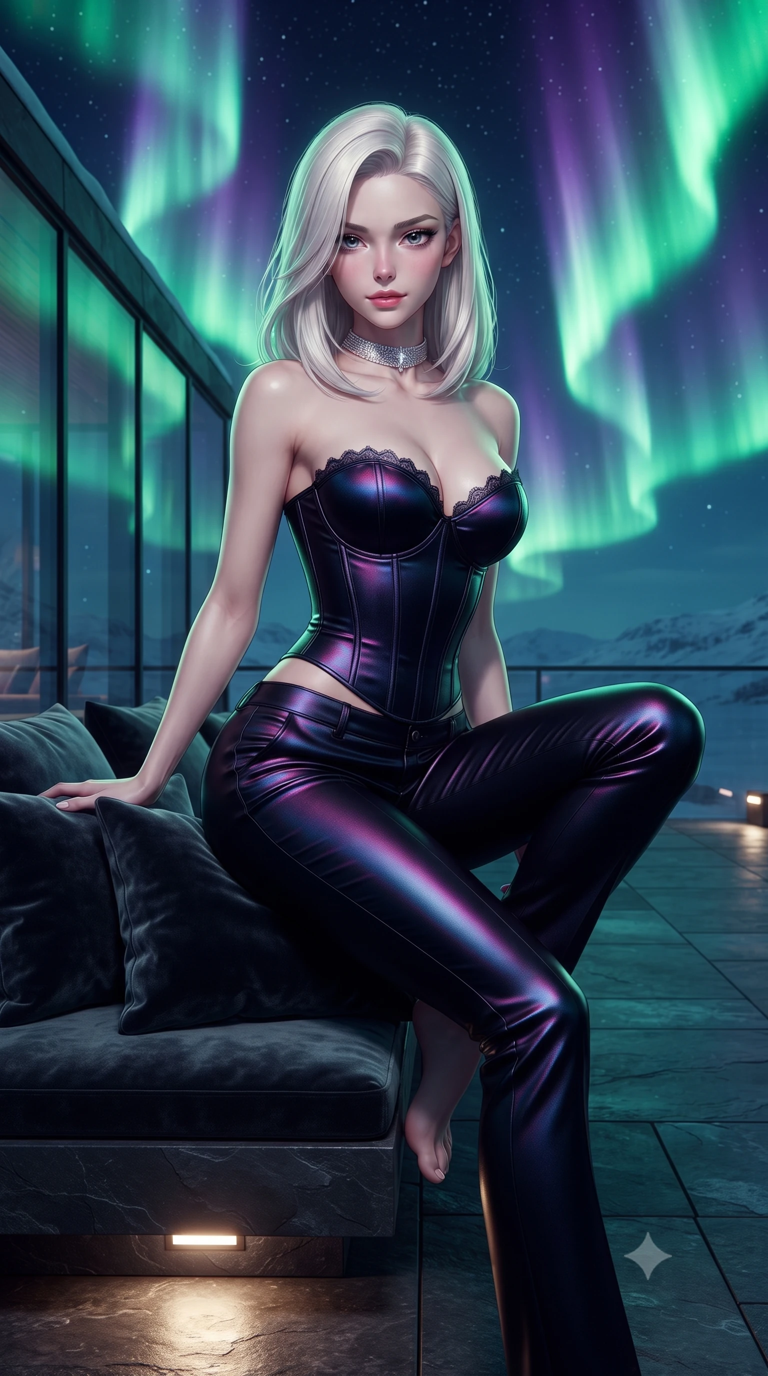 score_9, masterpiece, best quality, ultra-detailed, high-budget anime keyframe, editorial fashion photography, tasteful artistic composition, Caucasian woman. close-up cowboy shot from the waist and thighs up, the character dominates the composition, filling the frame with her large presence. perched sideways on the lounge seat, one knee drawn up to showcase her slender leg line while her arched back accentuates her feminine hip curve while standing tall on the heated dark slate cantilevered deck, arching her back with regal siren poise beneath monumental waving curtains of polar aurora. The surrounding environment is rendered in vivid detail and crisp panoramic clarity: detailed liquid-tight velvet bodycon dress cling, diamond choker sparkle, and arctic luxury pavilion design in high resolution. She has an exceptionally elegant, slender, and willowy female figure with an ultra-slim waist, flat toned midriff, narrow ribcage, and sculpted feminine hips creating an alluring, slim hourglass silhouette without bulk. sharp v-shaped jawline, high-bridge nose, sparkling eyes with hypnotic seductive depth, thick curled eyelashes, glossy parted lips with a natural dewy peach sheen, alluring bedroom-eyes with an enchanting coquettish smile, exuding magnetic siren charisma and sophisticated glamour, flawlessly proportioned anatomical accuracy, strict slender model proportions, natural body alignment, perfectly sculpted long slender limbs, ultra-slim waistline, clean dynamic posture without body distortion. wearing a strapless boned satin corset bodice paired with low-waisted tailored satin hot-pants in wet-look onyx black with electric magenta reflections, crafted from fluid liquid silk satin that clings smoothly to every curve with a dewy sheen, finished with scalloped eyelash lace trim framing her sweetheart neckline with intimate elegance, the liquid-tight tailored fabric clinging flawlessly to her narrow waist and rounded feminine hips, emphasizing every millimeter of her sculpted slim hourglass curves without any bulky heaviness. illuminated by ground-level warm slate up-lights and sharp icy-emerald rim lights defining her delicate clavicles, narrow waist, and curvy hips. ultra-reflective glossy finish, specular highlights, rich textural contrasts, high-contrast stereoscopic depth, volumetric dynamic lighting, 2k, ultra detail, master piece, 9:16 ratio