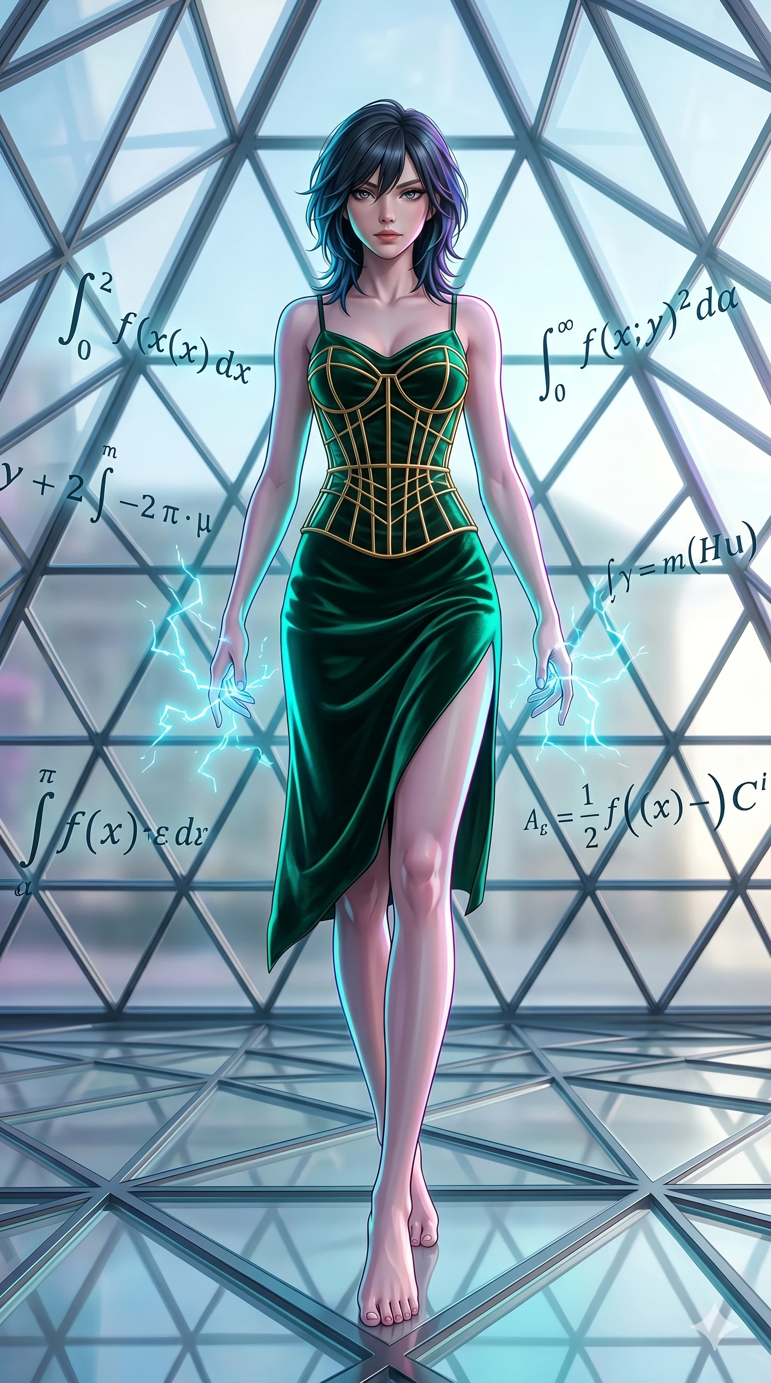 score_9, masterpiece, best quality, ultra-detailed, high-budget anime keyframe, editorial fashion photography, tasteful artistic composition, Caucasian woman, strictly human ears. low angle full-body shot from head to toe showing her feet, filling the entire 9:16 vertical frame with her statuesque presence, stretching her vertical silhouette. stepping dynamically on inside a geometric glass pyramid surrounded by floating mathematical equations while sparks of electric cyan light crackle around her fingertips. She has an absolutely perfect 8-heads proportion, an exceptionally tall and slender female figure with impossibly long slender legs and an ultra-slim waist. V-shaped jawline, high-bridge nose, intricate jewel-like eyes with depth, thick eyelashes, glossy lips with a natural sheen.. wearing a mathematical gold wire cage corset and an emerald green silk velvet slip dress with an asymmetric elegant knee-high side slit. bathed in brilliant cinematic volumetric lighting and intense neon rim light highlighting her slender form. 2k, ultra detail, master piece, 9:16 ratio