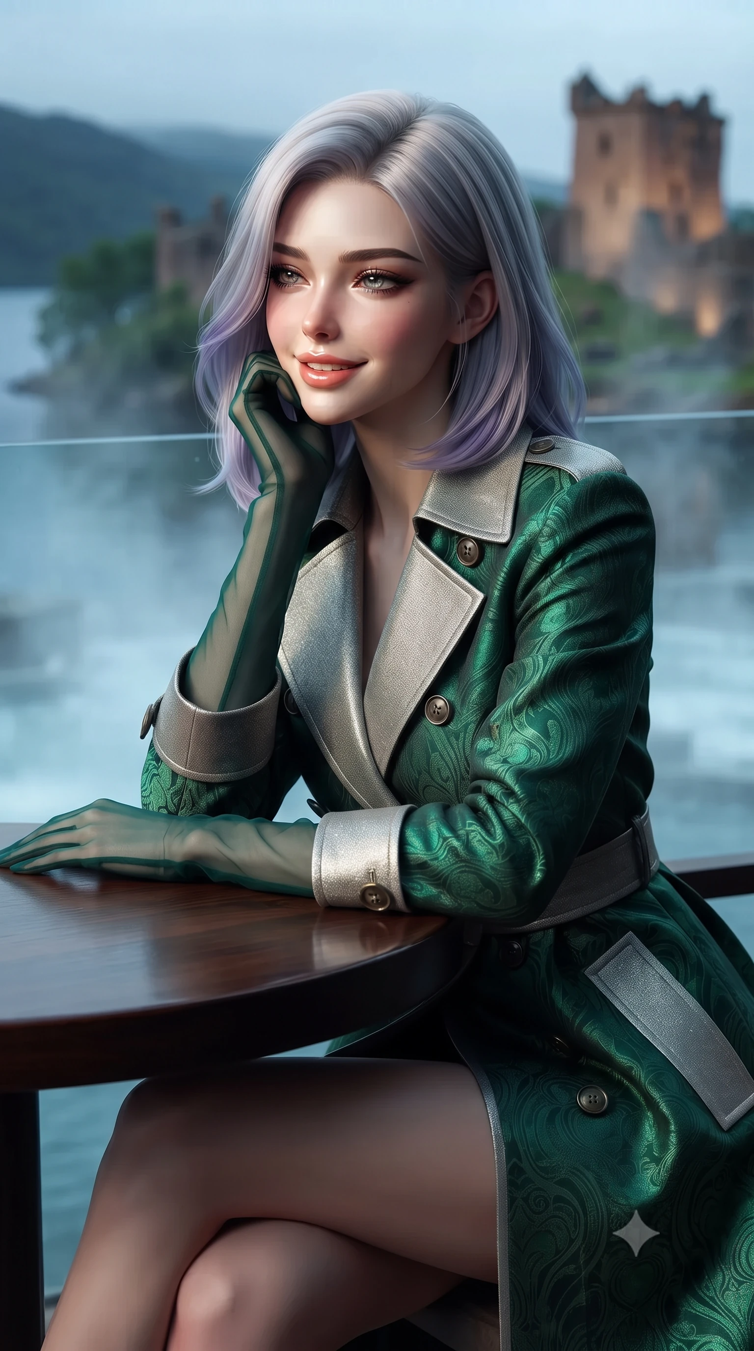 score_9, masterpiece, best quality, ultra-detailed, high-budget anime keyframe, editorial fashion photography, tasteful artistic composition, Caucasian woman. close-up cowboy shot from the waist and thighs up, the character dominates the composition, filling the frame with her large presence. resting one elbow on the table and supporting her chin, leaning close to the camera with heavy-lidded sparkling eyes and parted lips while leaning against the frameless panoramic glass balustrade with hips cocked back, looking out toward the floodlit ruins of Urquhart Castle with smoldering bedroom-eyes. The background shows a soft-focus wisps of thermal mineral pool steam softened in ultra-luxury Scottish loch retreat shallow focus. She has an exceptionally elegant, slender, and willowy female figure with an ultra-slim waist, flat toned midriff, narrow ribcage, and sculpted feminine hips creating an alluring, slim hourglass silhouette without bulk. sharp v-shaped jawline, high-bridge nose, intricate jewel-like sparkling eyes with depth, thick eyelashes, glossy parted lips with a natural peach sheen, bright cheerful beaming smile with an enchanting and coquettish sensual glint, exuding both youthful cute charm and seductive allure, flawlessly proportioned anatomical accuracy, strict slender model proportions, natural body alignment, perfectly sculpted long slender limbs, ultra-slim waistline, clean dynamic posture without body distortion. wearing a structured Tulum raw silk safari trench coat with horn buttons and storm flaps in Art Nouveau malachite green and antique starlight silver, crafted from bespoke double-faced cashmere with an exceptionally soft tactile finish, complemented by sheer opera-length evening gloves tracing her slender arms, the impeccably tailored cut draping gracefully along her slender figure with aristocratic poise. illuminated by loch water reflection bounce and sharp platinum-cyan rim lights defining her dewy collarbones, ultra-slim waist, and curvy hips. ultra-reflective glossy finish, specular highlights, rich textural contrasts, high-contrast stereoscopic depth, volumetric dynamic lighting, 2k, ultra detail, master piece, 9:16 ratio