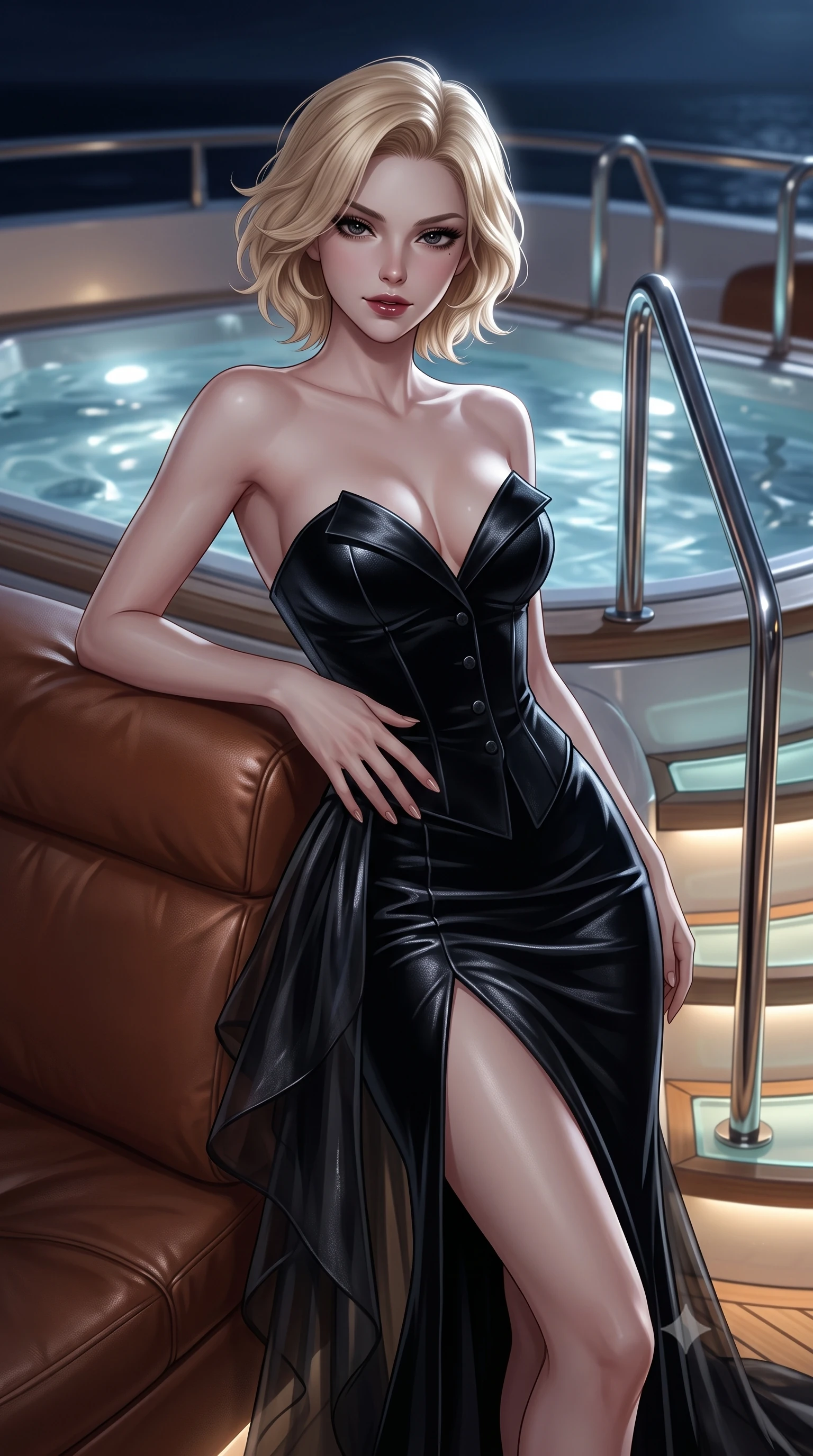 score_9, masterpiece, best quality, ultra-detailed, high-budget anime keyframe, editorial fashion photography, tasteful artistic composition, Caucasian woman. close-up cowboy shot from the waist and thighs up, the character dominates the composition, filling the frame with her large presence. leaning back against the leather lounge with relaxed seductive grace, one hand resting on her flat midriff as her narrow waist and curvy hips command the frame while twisting her slender torso in an alluring S-curve beside the illuminated glass jacuzzi, midnight sea breezes molding her gown to her hips and waist. The composition keeps background elements in soft focus with dreamy creamy bokeh. sleek yacht chrome handrails and backlit frosted glass steps softened in high-seas luxury shallow focus. She has an exceptionally elegant, slender, and willowy female figure with an ultra-slim waist, flat toned midriff, narrow ribcage, and sculpted feminine hips creating an alluring, slim hourglass silhouette without bulk. sharp v-shaped jawline, high-bridge nose, intricate jewel-like dark sparkling eyes with dangerous depth, thick curled eyelashes, glossy parted lips with a rich wine sheen, smoldering seductive half-smile with bedroom-eyes, exuding effortless superiority and intoxicating dark allure, flawlessly proportioned anatomical accuracy, strict slender model proportions, natural body alignment, perfectly sculpted long slender limbs, ultra-slim waistline, clean dynamic posture without body distortion. wearing a sculpted strapless velvet corset gown with an hourglass bodycon silhouette and high front leg slit in pure obsidian monochrome with subtle metallic sheen, crafted from layered gossamer black organza with weightless, smoky flutter, finished with sharp tailored peak lapels and subtle horn button accents, the form-fitting cut adhering flawlessly to her sculpted flat midriff and slender torso, emphasizing her long leg lines and perfectly proportioned willowy build. bathed in cold silver moonlight from above and warm low-level teak deck LED wash. ultra-reflective glossy finish, specular highlights, rich textural contrasts, high-contrast stereoscopic depth, volumetric dynamic lighting, 2k, ultra detail, master piece, 9:16 ratio