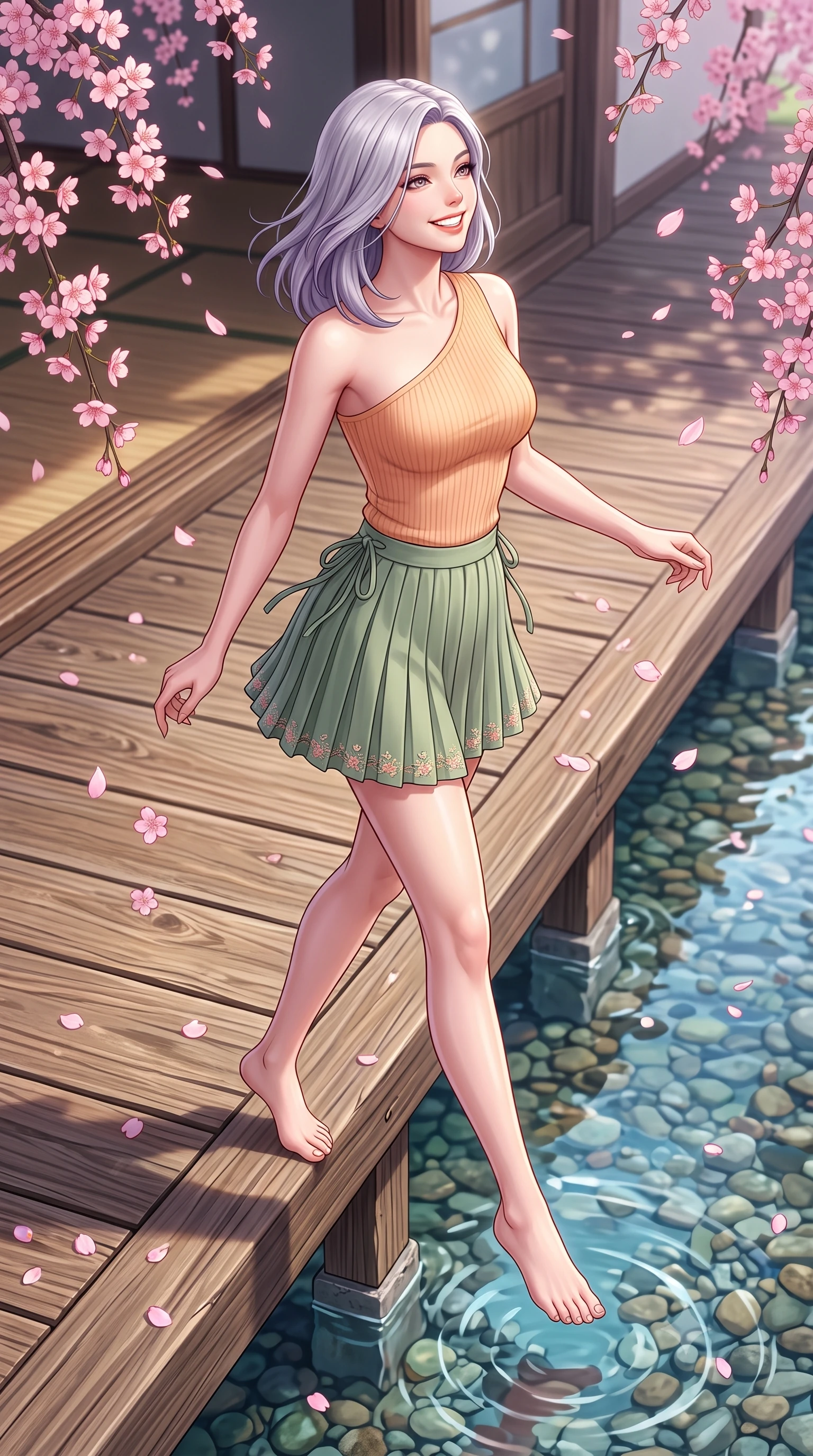 score_9, masterpiece, best quality, ultra-detailed, high-budget anime keyframe, semi-realistic 3D game render, editorial fashion photography, tasteful artistic composition, Caucasian woman. low angle full-body shot from head to toe showing her feet, filling the entire 9:16 vertical frame with her statuesque presence, stretching her vertical silhouette. stepping forward gracefully in mid-motion with a radiant beaming smile, hips swaying in an alluring kinetic rhythm that accentuates her curvy hourglass silhouette and long slender legs while sitting on the edge of the elevated wooden kawayuka terrace over the river, arching her back as pink weeping sakura blossoms flutter around her. The surrounding environment is rendered in vivid detail and crisp panoramic clarity. sharp weathered cedar timber grain, delicate cherry blossom petal veins, and river pebble reflections in deep focus. She has an exceptionally tall and slender model-like 8.5-heads proportion, an ultra-slim waist, a flat toned midriff, narrow delicate ribcage, and beautifully sculpted feminine hips creating a graceful, slim hourglass silhouette without any bulky heaviness, with impossibly long slender legs. sharp v-shaped jawline, high-bridge nose, intricate jewel-like sparkling eyes with depth, thick eyelashes, glossy parted lips with a natural peach sheen, bright cheerful beaming smile with an enchanting and coquettish sensual glint, exuding both youthful cute charm and seductive allure, flawlessly proportioned anatomical accuracy, strict slender model proportions, natural body alignment, perfectly sculpted long slender limbs, ultra-slim waistline, clean dynamic posture without body distortion. wearing an asymmetrical one-shoulder ribbed top paired with a micro-pleated skirt with side hip ties in soft apricot and sage green, formed from supple second-skin stretch ribbed knit clinging to her form, complemented by delicate embroidered floral trim along the hem, the form-fitting cut adhering flawlessly to her sculpted flat midriff and slender torso, emphasizing her long leg lines and perfectly proportioned willowy build. illuminated by gentle water surface reflections sharply defining her razor-sharp jawline, narrow waist, and curvy hips. highly saturated vibrant anime colors, detailed shading with soft gradients, rich glossy textures, high-contrast stereoscopic depth, volumetric dynamic lighting, master piece, 9:16 ratio