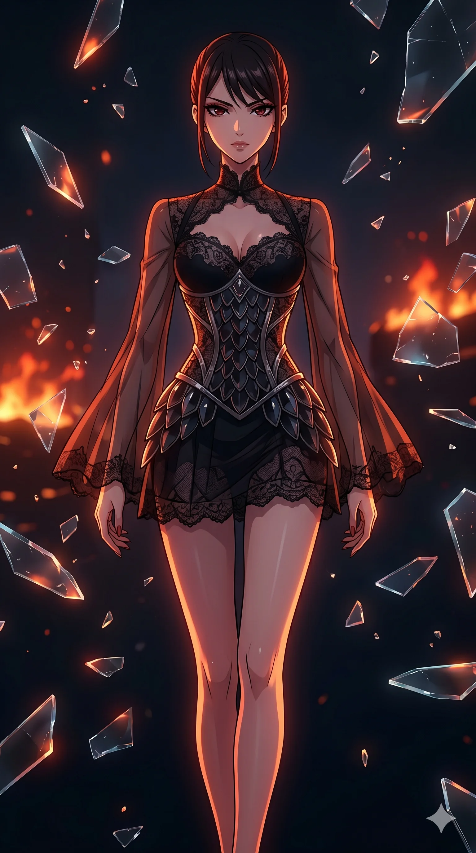 score_9, masterpiece, best quality, ultra-detailed, Set A: High-budget Anime Keyframe, Japanese woman. Upper body close-up from the thighs up, character filling the screen for maximum presence. Walking gracefully through a virtual reality void, with a look of intense determination reflecting the fires of 157 and surrounded by shattered glass fragments. She has an absolutely perfect 8-heads proportion, an exceptionally tall and slender female figure with impossibly long slender legs and an ultra-slim waist. Sharp v-shaped jawline, high-bridge nose, intricate jewel-like eyes with depth, thick eyelashes, glossy lips with a natural sheen. Wearing Gothic lace corset mini-dress with sheer bell-sleeves and obsidian glass scales. Cinematic lighting, vibrant colors, dramatic shadows, 2k, ultra detail, master piece, 9:16 ratio