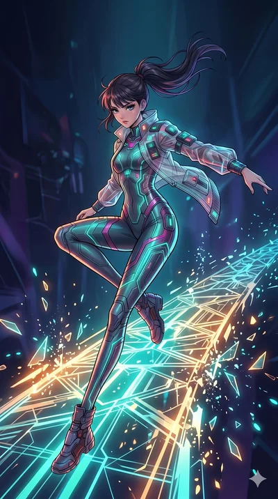 score_9, masterpiece, best quality, ultra-detailed, high-budget anime movie keyframe, cinematic anime lighting, intricate line art, Korean woman. Mid-air action shot capturing a graceful twist and vertical silhouette. dashing across a bridge of light