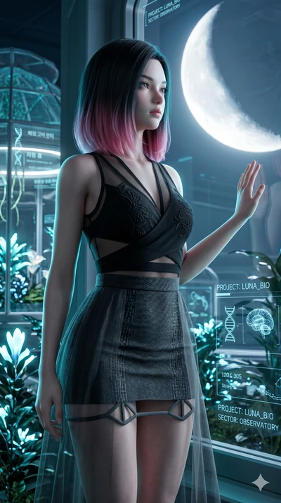 score_9, masterpiece, best quality, ultra-detailed, high-budget anime keyframe, semi-realistic 3D game render, Korean woman. Upper body close-up from the thighs up, character filling the screen for maximum presence. Inside a biotech garden observator