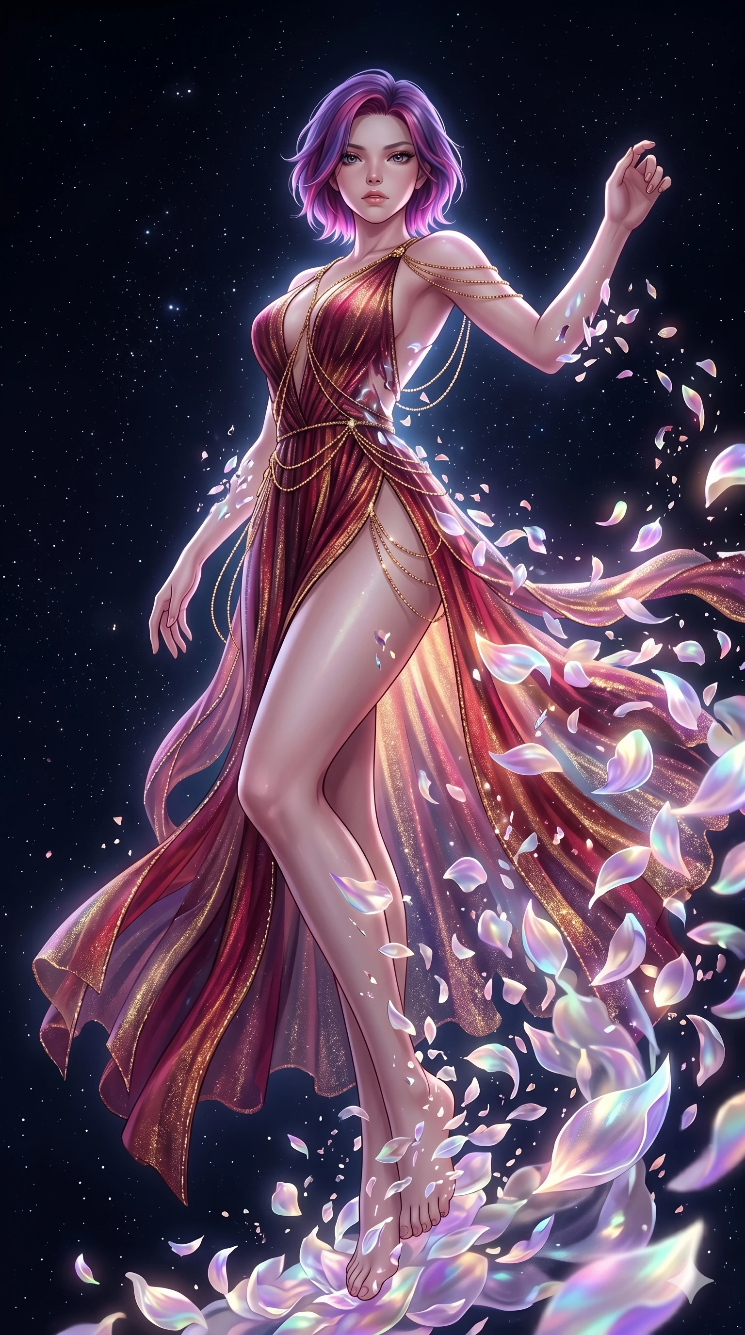 score_9, masterpiece, best quality, ultra-detailed, High-budget Anime Keyframe, East Asian woman. Low angle cowboy shot filling the entire 9:16 frame with her statuesque presence. Scenario 31: Dissolving into a cloud of iridescent silk petals in a void. Her presence is magnetic and overpowering in this high-budget anime scene. Outfit 31: A shimmering chiffon dangerous with a thigh-high slit and fine gold chains. The clothing is designed to emphasize her exceptionally tall and slender 8-heads proportion. 8-heads proportion, towering silhouette, ultra-slim waist. sharp v-shaped jawline, intricate jewel-like eyes with depth, thick eyelashes, glossy lips. 2k, ultra detail, master piece, 9:16 ratio