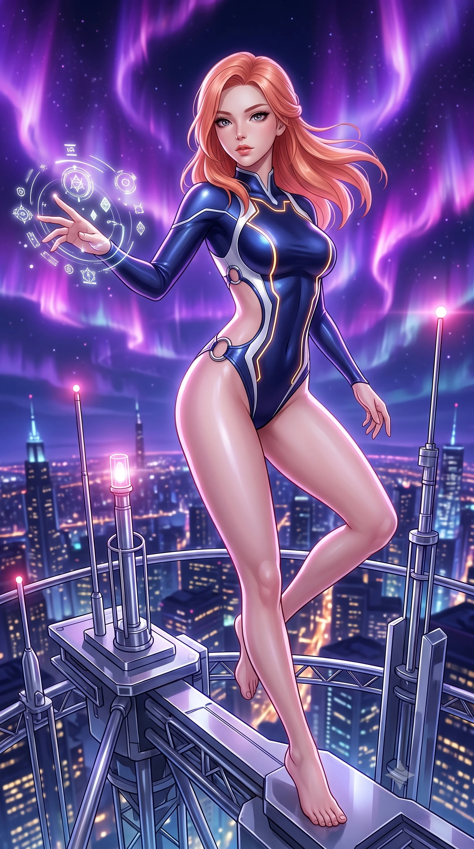 score_9, masterpiece, best quality, ultra-detailed, high-budget anime keyframe, semi-realistic 3D game render, editorial fashion photography, tasteful artistic composition, Japanese woman. close-up cowboy shot from the waist and thighs up, the character dominates the composition, filling the frame with her large presence. extending one arm gracefully as floating holographic glyphs and nano-crystals orbit her fingertips with sovereign power while pivoting dynamically on a cantilevered antenna platform as swirling violet and magenta plasma auroras electrify the night sky. The surrounding environment is rendered in vivid detail and crisp panoramic clarity. detailed chrome spire framework, glowing antenna LED beacons, and distant city building spires in deep focus. She has an exceptionally elegant, slender, and willowy female figure with an ultra-slim waist, a gracefully sculpted slender torso, toned flat midriff, and a refined slim silhouette. sharp v-shaped jawline, high-bridge nose, intricate jewel-like eyes with depth, thick eyelashes, glossy lips with a natural sheen, flawlessly proportioned anatomical accuracy, strict slender model proportions, natural body alignment, perfectly sculpted long slender limbs, ultra-slim waistline, clean dynamic posture without body distortion. wearing a statuesque midnight cobalt and polished platinum bodysuit featuring sleek aerodynamic contour lines and glowing circuit accents in high-contrast monochrome white enamel and glowing amber lines, crafted from delicate iridescent organza interwoven with luminescent micro-fibers, detailed with polished silver rings connecting the daring side-waist cutouts, the liquid-tight tailored fabric emphasizing every curve of her tall, slender model proportions and sculptured silhouette during dynamic movement. illuminated by crisp white key lighting with sharp specular highlights tracing her ultra-slim waist and long legs. rich saturated anime colors with glowing neon highlights, detailed shading with soft gradients, rich glossy textures, high-contrast stereoscopic depth, volumetric dynamic lighting, master piece, 9:16 ratio