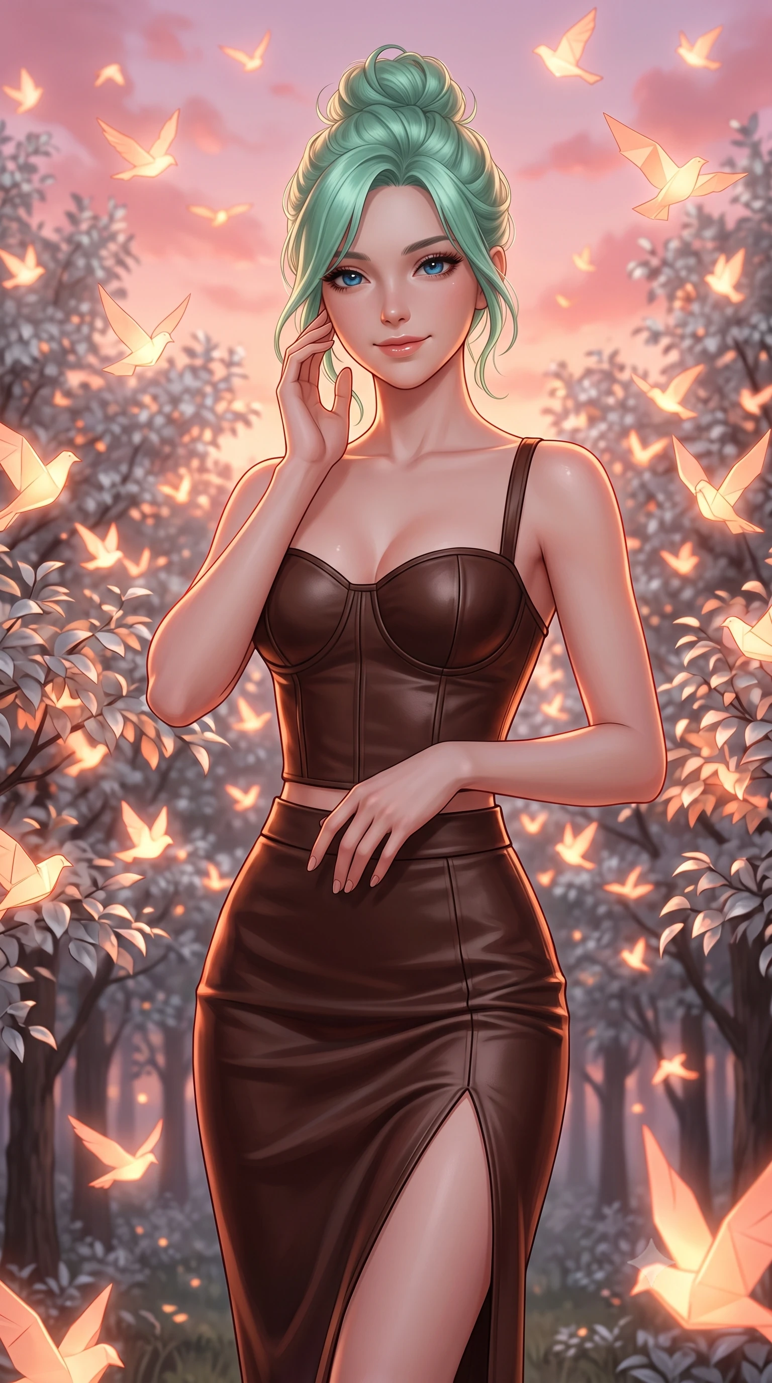 score_9, masterpiece, best quality, ultra-detailed, high-budget anime keyframe, editorial fashion photography, tasteful artistic composition, Japanese woman. close-up cowboy shot from the waist and thighs up, the character dominates the composition, filling the frame with her large presence, background elements kept in soft focus. Gently tilting her head with a serene, peaceful smile of quiet happiness. set against a soft-focus background of in a forest clearing filled with silver-leaf trees where thousands of glowing paper birds nest and take flight into a pink evening sky. She has an exceptionally elegant, slender, and willowy female figure with a highly-defined ultra-slim waist, a gracefully sculpted slender torso, and a refined slim-fit silhouette that contours her form. sharp v-shaped jawline, high-bridge nose, intricate jewel-like eyes with depth, thick eyelashes, glossy lips with a natural sheen. wearing a fitted bustier top in dark chocolate brown leather, paired with a matching high-waisted midi skirt with a high side slit. warm orange and pink glow from the paper birds illuminating the silver leaves and casting a warm cozy light. 2k, ultra detail, master piece, 9:16 ratio