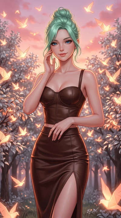 score_9, masterpiece, best quality, ultra-detailed, high-budget anime keyframe, editorial fashion photography, tasteful artistic composition, Japanese woman. close-up cowboy shot from the waist and thighs up, the character dominates the composition, 