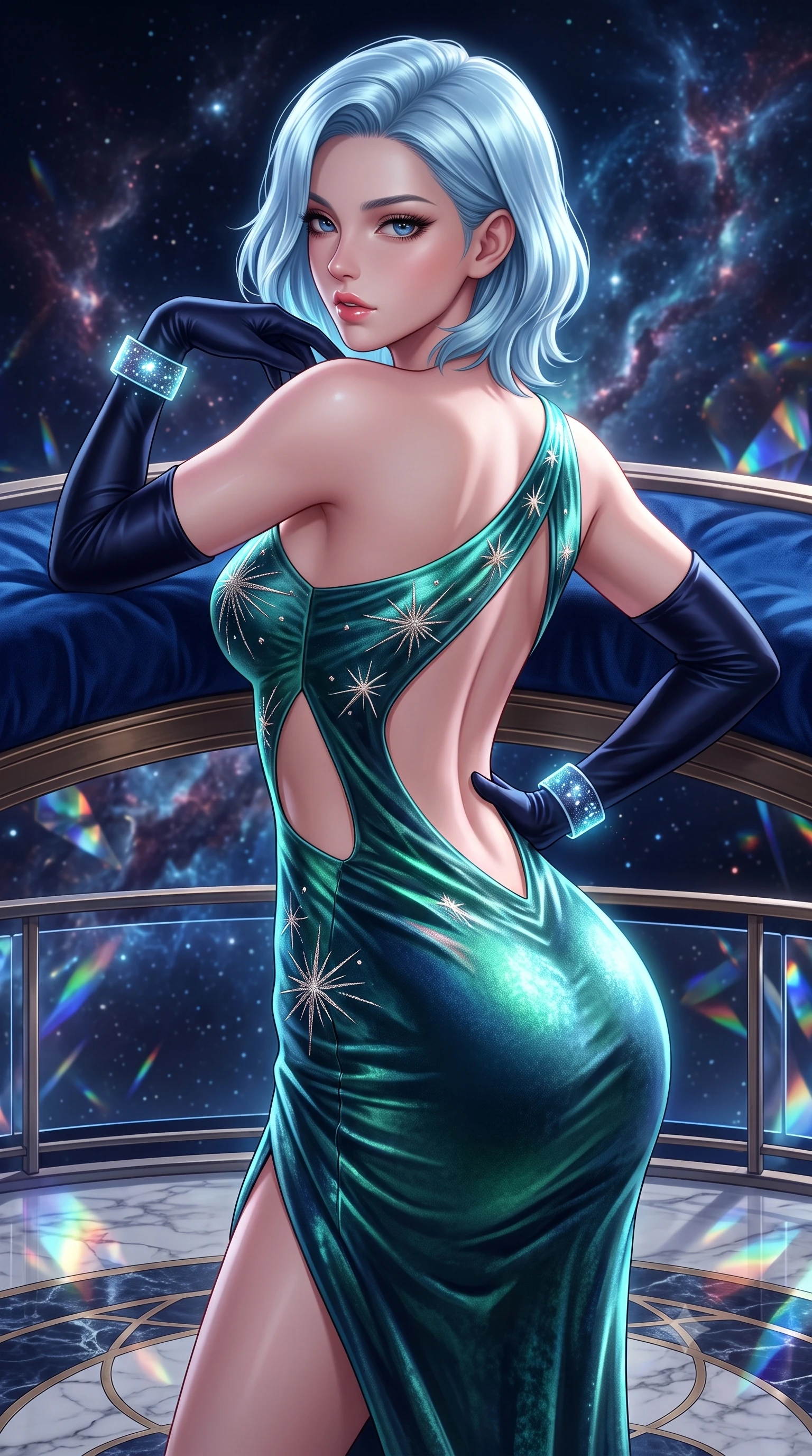 score_9, masterpiece, best quality, ultra-detailed, high-budget anime keyframe, semi-realistic 3D game render, editorial fashion photography, tasteful artistic composition, Korean woman. close-up cowboy shot from the waist and thighs up, the character dominates the composition, filling the frame with her large presence. posing in an alluring rear three-quarter angle, arching her lower back in a pronounced S-curve with one hand on her hip, glancing seductively over her bare shoulder with parted glossy lips while reclining on a velvet-lined observation platform propped on one elbow, looking back over her shoulder with an intoxicating bedroom-gaze. The surrounding environment is rendered in vivid detail and crisp panoramic clarity. detailed deep-space nebula filaments, crystal prism reflections, and marble floor inlay in high clarity. She has an exceptionally elegant, slender, and willowy female figure with an ultra-slim waist, a gracefully sculpted slender torso, toned flat midriff, and rounded feminine hips creating an alluring hourglass silhouette. sharp v-shaped jawline, high-bridge nose, intricate jewel-like eyes with depth, thick eyelashes, glossy parted lips with a natural sheen, intensely captivating and seductive bedroom-eyes expression, flawlessly proportioned anatomical accuracy, strict slender model proportions, natural body alignment, perfectly sculpted long slender limbs, ultra-slim waistline, clean dynamic posture without body distortion. wearing an asymmetric one-shoulder metallic gown with celestial starburst embroidery and bare side cutouts in glowing aurora green and midnight teal, crafted from heavyweight crushed silk velvet with liquid frost luster, complemented by opera-length midnight satin gloves and glowing stardust cuffs, the dramatically scooped open back descending to the base of her spine, accentuating her razor-sharp statuesque lines and curvy hourglass silhouette. surrounded by a celestial, immortal, and deeply hypnotic cosmos sovereign aura. highly saturated vibrant anime colors, detailed shading with soft gradients, rich glossy textures, high-contrast stereoscopic depth, volumetric dynamic lighting, master piece, 9:16 ratio