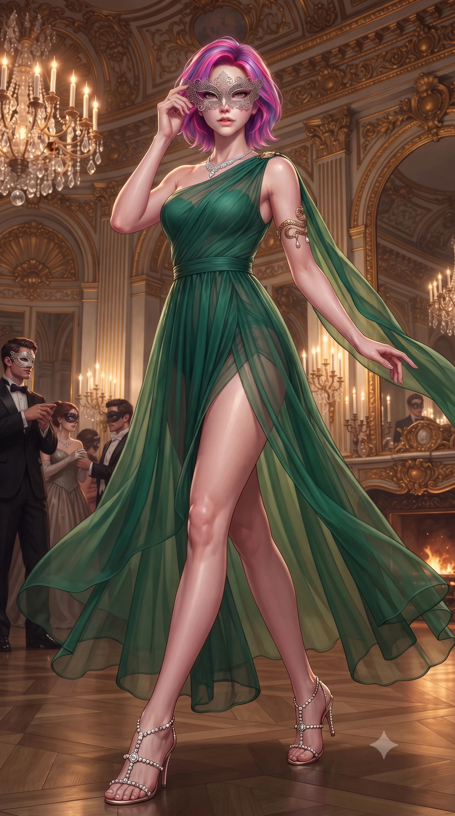 score_9, masterpiece, best quality, ultra-detailed, high-budget anime keyframe, editorial fashion photography, tasteful artistic composition, Caucasian woman. low angle full-body shot from head to toe showing her feet, filling the entire 9:16 vertical frame with her statuesque presence, stretching her vertical silhouette. stepping forward gracefully in mid-motion, displaying her toned flat midriff and flawlessly sculpted slender limbs while attending a lavish masquerade ball in an opulent baroque mansion, holding an intricate filigree lace mask to her captivating eyes. The surrounding environment is rendered in vivid detail and crisp panoramic clarity. intricate laser-cut filigree mask patterns, sparkling diamond necklace facets, and silk velvet textures in deep focus. She has an absolutely perfect, statuesque 8.5-heads proportion, an exceptionally tall and slender model-like female figure with impossibly long slender legs, a toned flat midriff, and an ultra-slim waist. sharp v-shaped jawline, high-bridge nose, intricate jewel-like eyes with depth, thick eyelashes, glossy lips with a natural sheen, captivating and magnetic expression, flawlessly proportioned anatomical accuracy, strict slender model proportions, natural body alignment, perfectly sculpted long slender limbs, ultra-slim waistline, clean dynamic posture without body distortion. wearing an ethereal emerald-green silk chiffon gown with an asymmetric shoulder drape and sheer layered skirt in deep emerald green and bronze, woven from airy multi-layered silk chiffon with a weightless drape, accented with a sculptured gold serpent armlet and pearl drops edition #25, the form-contouring material adhering flawlessly to her sculpted flat midriff and slender torso, emphasizing her long leg lines and perfectly proportioned willowy build. bathed in romantic warm candelabra glow and dramatic fireplace ember uplights. ultra-reflective glossy finish, specular highlights, rich textural contrasts, high-contrast stereoscopic depth, volumetric dynamic lighting, 2k, ultra detail, master piece, 9:16 ratio