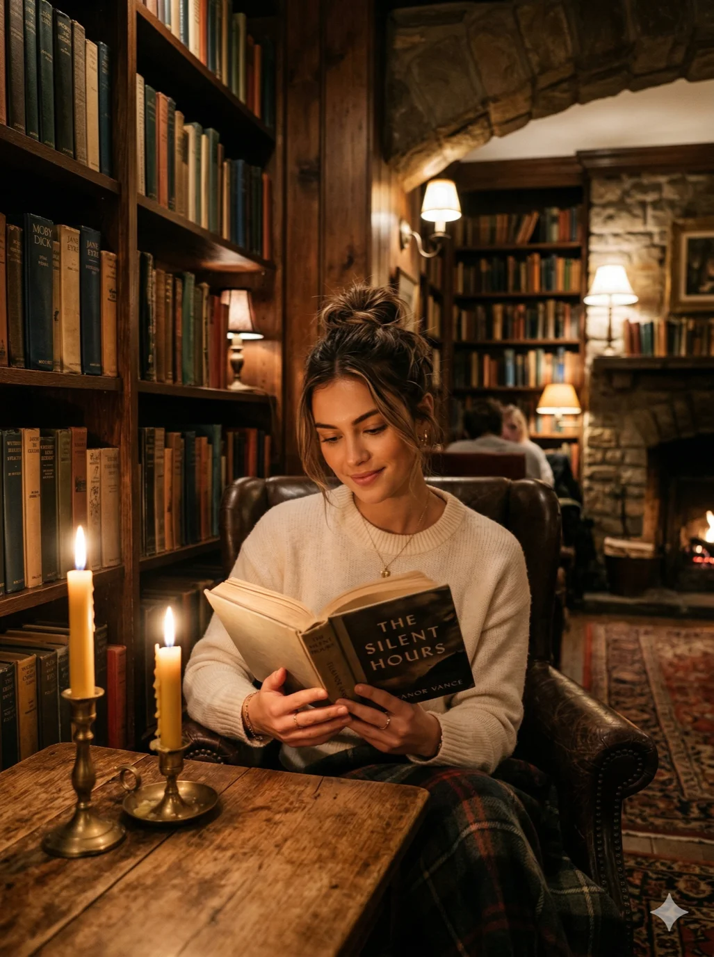 A breathtakingly beautiful young woman with a messy bun reading a book in a cozy library, warm candlelight, 2k, ultra detail, master piece, 3:4 ratio