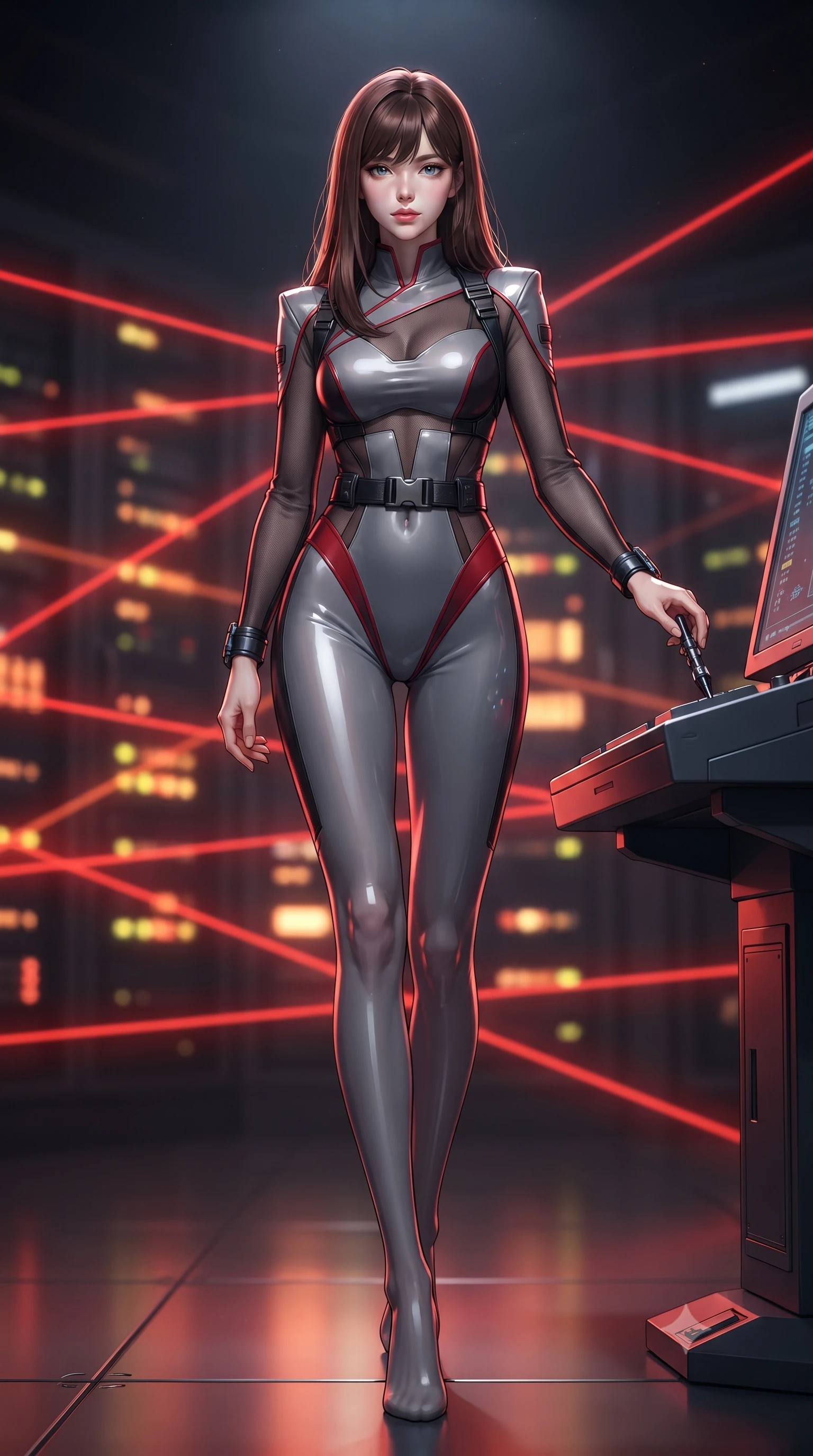 score_9, masterpiece, best quality, ultra-detailed, high-budget anime keyframe, editorial fashion photography, tasteful artistic composition, Korean woman. low angle full-body shot from head to toe showing her feet, filling the entire 9:16 vertical frame with her statuesque presence, stretching her vertical silhouette. striding forward in a proud, dynamic supermodel runway stride, her statuesque vertical silhouette commanding the entire frame while holding a high-tech data-extraction spike near a master console terminal with supreme operative confidence. The composition keeps background elements in soft focus with creamy bokeh. endless glowing server rack indicator LEDs and intersecting red laser lines blurred into fiery crimson, amber, and obsidian bokeh. She has an absolutely perfect, statuesque 8.5-heads proportion, an exceptionally tall and slender model-like female figure with impossibly long slender legs, a toned flat midriff, and an ultra-slim waist. sharp v-shaped jawline, high-bridge nose, intricate jewel-like eyes with depth, thick eyelashes, glossy lips with a natural sheen, captivating and magnetic expression, flawlessly proportioned anatomical accuracy, strict slender model proportions, natural body alignment, perfectly sculpted long slender limbs, ultra-slim waistline, clean dynamic posture without body distortion. wearing a sharp asymmetrical spy bodysuit with sheer contouring mesh panels, reinforced strike shoulders, and utility waist harness in storm grey and dark scarlet trim, made of high-mobility liquid jersey and semi-opaque reinforced mesh, accented with concealed lockpick wristbands and polished dark chrome hardware, the liquid-tight tailored fabric emphasizing every curve of her tall, slender model proportions and sculptured silhouette during dynamic movement. surrounded by a deadly, sophisticated, and irresistibly alluring secret agent femme fatale aura. ultra-reflective glossy finish, specular highlights, rich textural contrasts, high-contrast stereoscopic depth, volumetric dynamic lighting, 2k, ultra detail, master piece, 9:16 ratio
