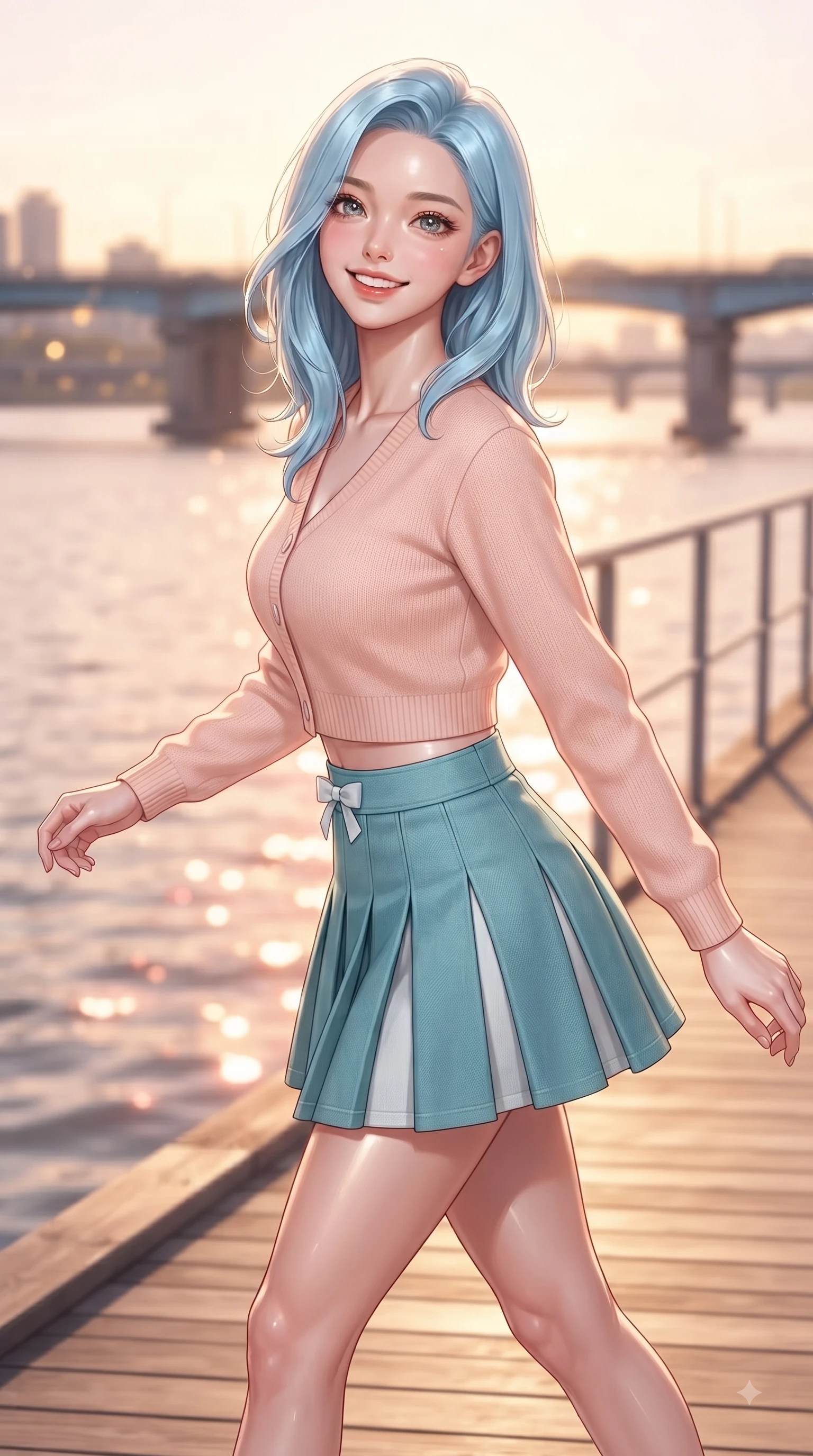 score_9, masterpiece, best quality, ultra-detailed, high-budget anime keyframe, editorial fashion photography, tasteful artistic composition, Korean woman. close-up cowboy shot from the waist and thighs up, the character dominates the composition, filling the frame with her large presence. Cheerful beaming smile with sparkling eyes and a fresh girlhood aura, leaning forward with playful grace while pivoting in a happy stride along a sunlit wooden pier overlooking calm river waters. The composition keeps background elements in soft focus with dreamy bokeh. rose-gold river reflections and distant city bridges blurred into warm golden evening bokeh. She has an exceptionally elegant, slender, and willowy female figure with an ultra-slim waist, a gracefully sculpted slender torso, and a refined silhouette. sharp v-shaped jawline, high-bridge nose, intricate jewel-like eyes with depth, thick eyelashes, glossy lips with a natural sheen, flawlessly proportioned anatomical accuracy, natural body alignment, perfectly sculpted elegant limbs, clean dynamic posture without body distortion. wearing a chic cropped pastel cardigan with a high-waisted pleated tennis skirt in ocean turquoise and sea-salt white, made of comfortable premium stretch denim and soft jersey, accented with a dainty waist ribbon bow, the relaxed yet flattering fit accentuating her naturally graceful and slender figure. surrounded by a serene, uplifting, and romantic park ambiance. ultra-reflective glossy finish, specular highlights, metallic sheen, high-contrast stereoscopic depth, volumetric dynamic lighting, 2k, ultra detail, master piece, 9:16 ratio