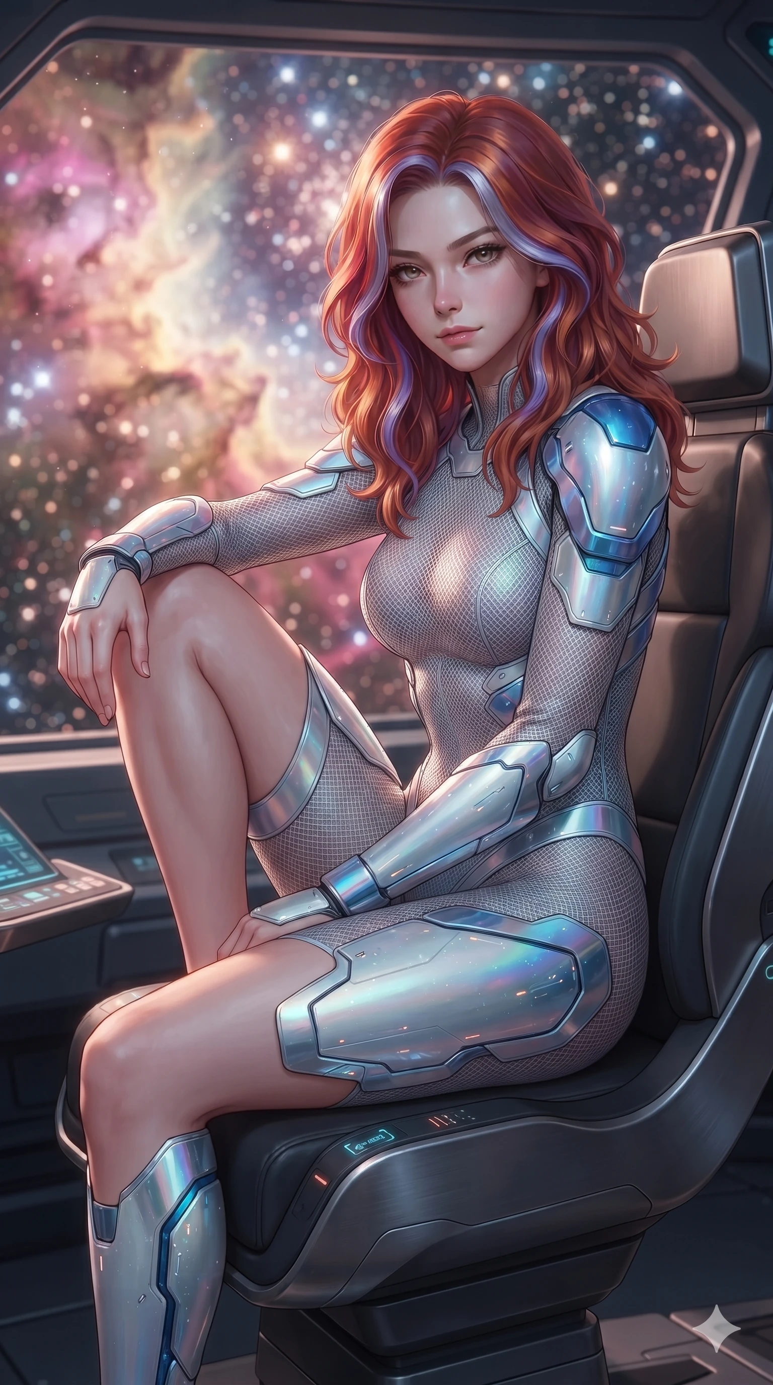 score_9, masterpiece, best quality, ultra-detailed, high-budget anime keyframe, editorial fashion photography, tasteful artistic composition, Caucasian woman. close-up cowboy shot from the waist and thighs up, the character dominates the composition, filling the frame with her large presence. perched sideways on the pilot seat, one knee drawn up to showcase her slender leg line while her arched back accentuates her feminine hip curve while twisting her slender torso in an alluring S-curve, glowing stellar clouds painting luminous rose-gold highlights across her flat midriff and hourglass curves. The background shows a soft-focus vibrant magenta, peach, and gold stellar gas clouds, dense diamond star clusters, and dark dust filaments blurred into rose-gold, diamond, and indigo bokeh. She has an exceptionally elegant, slender, and willowy female figure with an ultra-slim waist, flat toned midriff, narrow ribcage, and sculpted feminine hips creating an alluring, slim hourglass silhouette without bulk. sharp v-shaped jawline, high-bridge nose, intricate jewel-like sparkling eyes with depth, thick eyelashes, glossy parted lips with a natural sheen, bright confident smile with an enchanting and coquettish sensual glint, exuding both youthful magnetic charm and sovereign high-tech allure, flawlessly proportioned anatomical accuracy, strict slender model proportions, natural body alignment, perfectly sculpted long slender limbs, ultra-slim waistline, clean dynamic posture without body distortion. wearing a form-contouring delicate silver nano-mesh bodysuit with strategically placed chrome armor plate guards covering key curves in arctic snowflake white and electric plasma blue, woven from stretch metallic lurex jersey casting radiant starlight glints across her curves, finished with sharp laser-cut side ventilation slits framed by silver hardware rings, the precision-cut side openings and low-back scoop framing her graceful spine and the sensual sweep of her slim, toned hips. illuminated by dome floor bounce and sharp rose-gold rim lights defining her razor-sharp jawline, narrow waist, and curvy hips. ultra-reflective glossy finish, specular highlights, rich textural contrasts, high-contrast stereoscopic depth, volumetric dynamic lighting, 2k, ultra detail, master piece, 9:16 ratio
