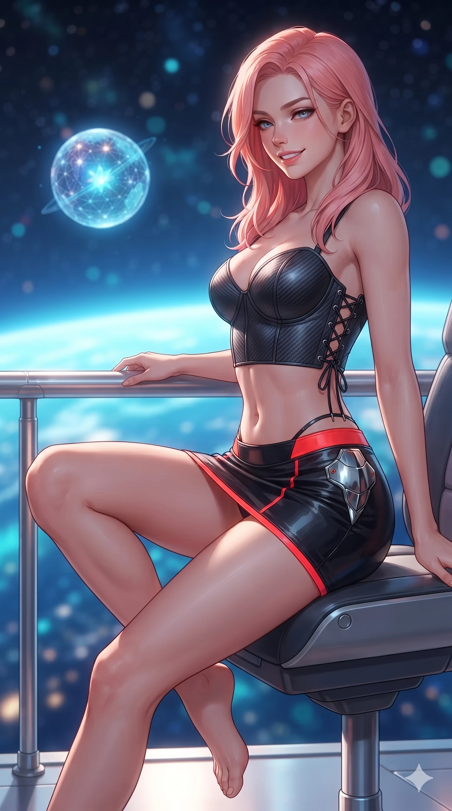 score_9, masterpiece, best quality, ultra-detailed, high-budget anime keyframe, editorial fashion photography, tasteful artistic composition, Japanese woman. close-up cowboy shot from the waist and thighs up, the character dominates the composition, filling the frame with her large presence. perched sideways on the pilot seat, one knee drawn up to showcase her slender leg line while her arched back accentuates her feminine hip curve while leaning against the polished platinum balcony balustrade with hips cocked back, gazing into the vast stellar expanse with heavy-lidded seductive bedroom-eyes. The background shows a soft-focus curved blue planetary limb with glowing atmospheric rim, floating holographic star-globe sphere, and distant starfields blurred into sapphire, turquoise, and diamond bokeh. She has an exceptionally elegant, slender, and willowy female figure with an ultra-slim waist, flat toned midriff, narrow ribcage, and sculpted feminine hips creating an alluring, slim hourglass silhouette without bulk. sharp v-shaped jawline, high-bridge nose, intricate jewel-like sparkling eyes with depth, thick eyelashes, glossy parted lips with a natural sheen, bright confident smile with an enchanting and coquettish sensual glint, exuding both youthful magnetic charm and sovereign high-tech allure, flawlessly proportioned anatomical accuracy, strict slender model proportions, natural body alignment, perfectly sculpted long slender limbs, ultra-slim waistline, clean dynamic posture without body distortion. wearing a sculpted matte carbon underwire crop bustier with lace-up side ties paired with a low-rise micro skirt in midnight black lacquer and vibrant scarlet neon, crafted from lightweight aerodynamic matte carbon-fiber weave with structural stiffness, accented with strategically placed chrome armor plate guards covering key curves, the form-contouring cut accentuating her sculpted flat midriff, narrow delicate ribcage, and gracefully curvy hips with cybernetic supermodel precision. bathed in the glorious, unpolluted sapphire and turquoise radiance of the illuminated planet below mixed with subtle warm balcony accent lights. ultra-reflective glossy finish, specular highlights, rich textural contrasts, high-contrast stereoscopic depth, volumetric dynamic lighting, 2k, ultra detail, master piece, 9:16 ratio