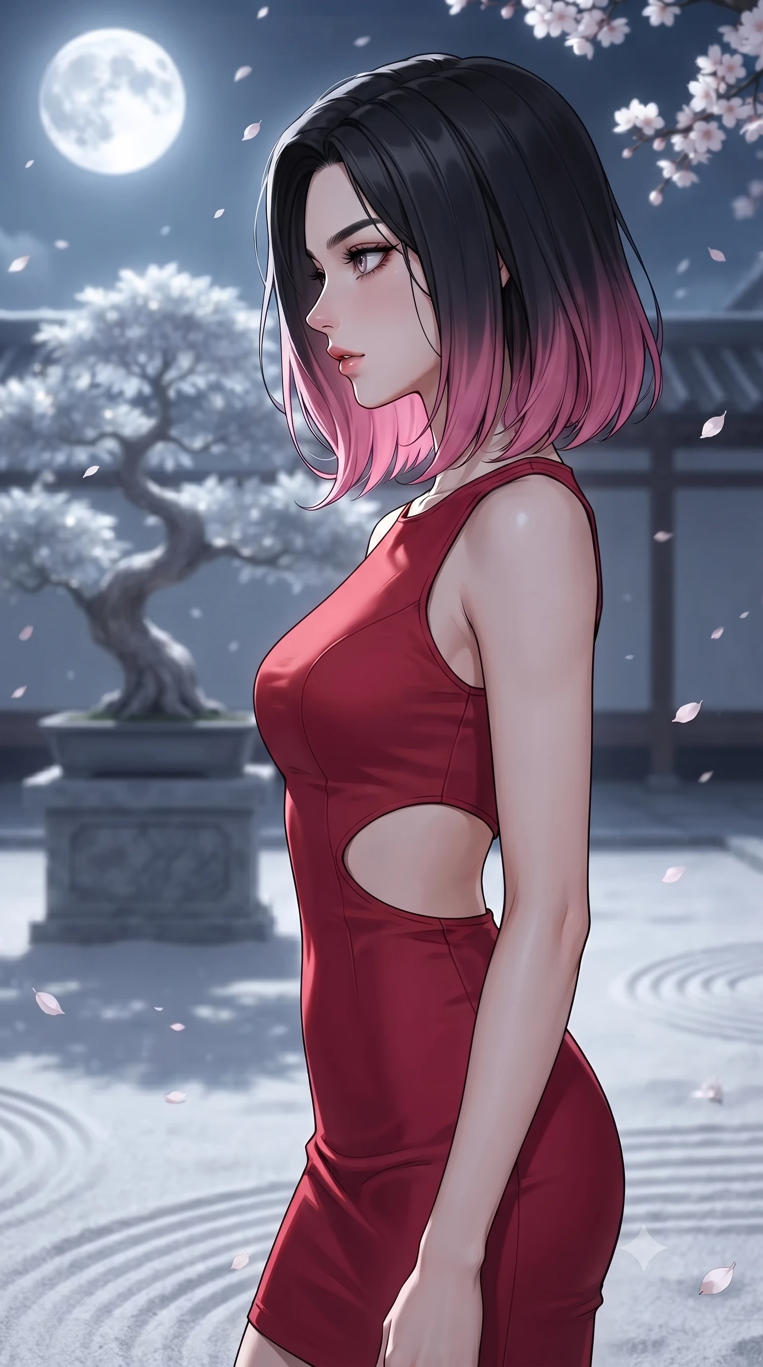 score_9, masterpiece, best quality, ultra-detailed, high-budget anime keyframe, gorgeous anime illustration, with clean line-art and distinct ink outlines, Korean woman. close-up cowboy shot from the waist and thighs up, the character dominates the composition, filling the frame with her large presence, background elements kept in soft focus. Turning her face in sharp dramatic profile against the light. set against a soft-focus background of in a silent temple courtyard featuring a giant silver-leafed bonsai tree on a stone pedestal, white sand raked in concentric patterns around it, cherry blossoms falling softly. She has an exceptionally elegant and slender, willowy female figure with an ultra-slim waist, a gracefully sculpted slender torso, and a refined slim physique. sharp v-shaped jawline, high-bridge nose, intricate jewel-like eyes with depth, thick eyelashes, glossy lips with a natural sheen. wearing a structured bodycon dress in crimson red with strategic curved cutouts at the sides of the waist. cool silver moonlight reflecting off the silver leaves and white sand, casting delicate shadows. 2k, ultra detail, master piece, 9:16 ratio, vibrant anime color palette, detailed cel-shading with soft gradients, rich contrast, dynamic lighting, 2d animation style