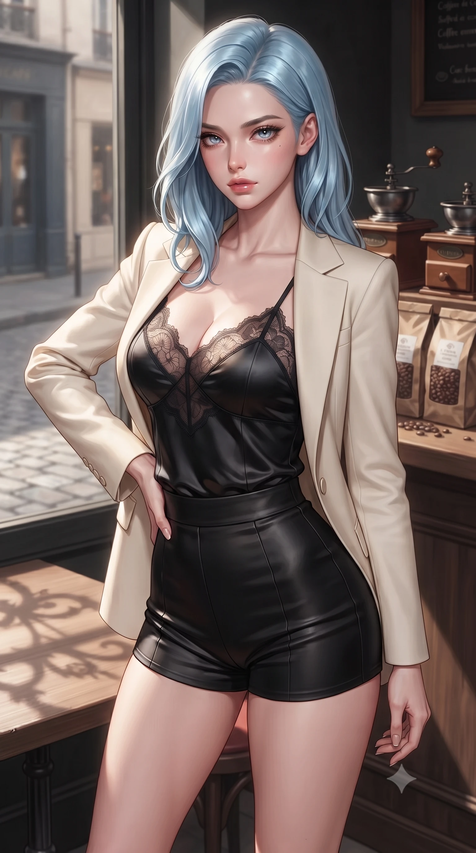 score_9, masterpiece, best quality, ultra-detailed, high-budget anime keyframe, editorial fashion photography, tasteful artistic composition, Korean woman. close-up cowboy shot from the waist and thighs up, the character dominates the composition, filling the frame with her large presence, background elements kept in soft focus. resting one hand on her waist, casting a smoldering, enticing side-gaze at the viewer set against a soft-focus background of at a vintage Parisian-style cafe corner next to a quiet cobblestone street with a vintage coffee grinder and bags of coffee beans on the counter behind her. She has an exceptionally elegant, slender, and willowy female figure with an ultra-slim waist, a gracefully sculpted slender torso, and a refined silhouette. sharp v-shaped jawline, high-bridge nose, intricate jewel-like eyes with depth, thick eyelashes, glossy lips with a natural sheen. wearing tailored delicate silk camisole with lace panels and a tailored blazer worn open over form-contouring shorts. soft afternoon sunlight casting shadows of window panes on the wooden table. ultra-reflective glossy finish, specular highlights, metallic sheen, high-contrast stereoscopic depth, volumetric dynamic lighting, 2k, ultra detail, master piece, 9:16 ratio