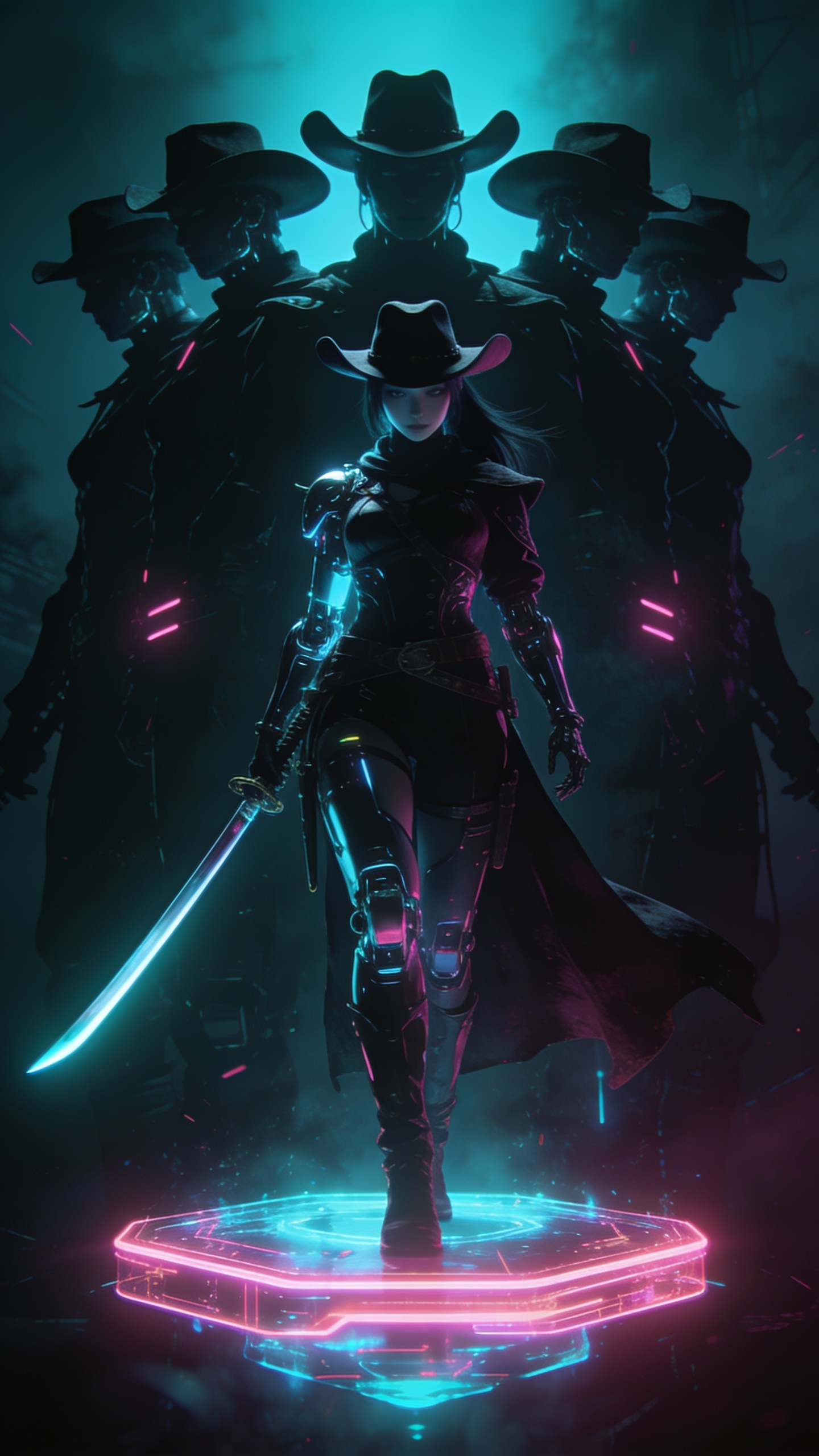 score_9, masterpiece, best quality, ultra-detailed, cyberpunk tech-fantasy aesthetic, holographic accents, dark sci-fi tone, A cybernetic swordswoman standing on a floating neon platform. low angle cowboy shot filling the 9:16 frame, 8-heads proportion, towering silhouette. bioluminescent neon reflections, high-contrast cyan and magenta low-key lighting, sharp focus, master piece, 2k, 9:16 ratio