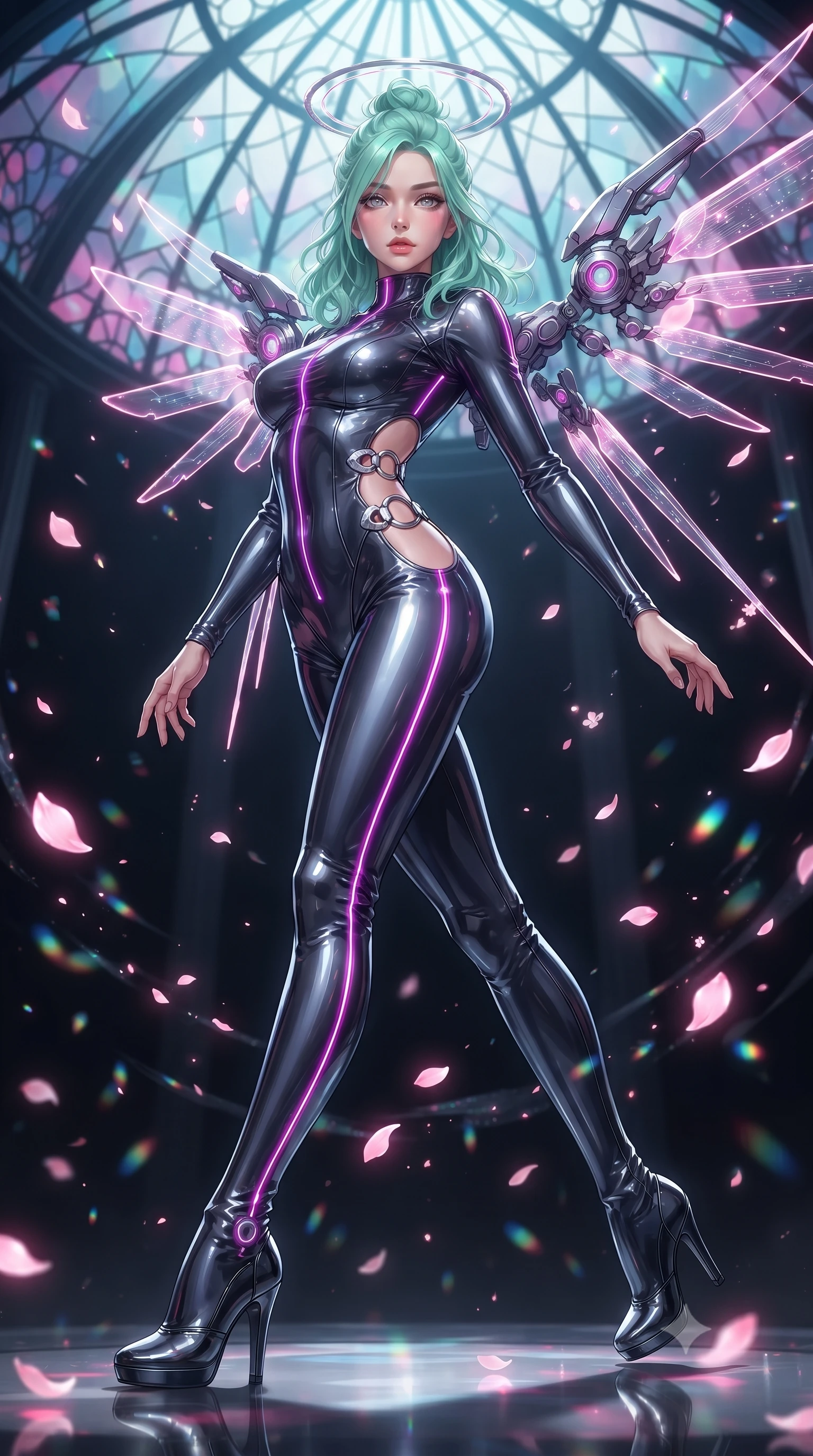 score_9, masterpiece, best quality, ultra-detailed, high-budget anime keyframe, editorial fashion photography, tasteful artistic composition, Japanese woman. low angle full-body shot from head to toe showing her feet, filling the entire 9:16 vertical frame with her statuesque presence, stretching her vertical silhouette. arching her back gracefully in mid-air as glowing mechanical wings and floating cybernetic halos frame her statuesque presence while striding gracefully beneath a soaring geometric cybernetic stained-glass dome as glowing pink digital sakura petals swirl around her. The composition keeps background elements in soft focus with creamy bokeh. drifting holographic blossom particles scattering soft glowing glints across a dark backdrop. She has an absolutely perfect, statuesque 8.5-heads proportion, an exceptionally tall and slender model-like female figure with impossibly long slender legs, a toned flat midriff, and an ultra-slim waist. sharp v-shaped jawline, high-bridge nose, intricate jewel-like eyes with depth, thick eyelashes, glossy lips with a natural sheen, flawlessly proportioned anatomical accuracy, strict slender model proportions, natural body alignment, perfectly sculpted long slender limbs, ultra-slim waistline, clean dynamic posture without body distortion. wearing an ultra-sleek aerodynamic tech-jumpsuit sculpted tightly to her figure, accented with glowing fiber-optic spine lines in vibrant electric magenta and ultra-reflective dark titanium, formed from high-gloss patent material with specular chiaroscuro reflections, detailed with polished silver rings connecting the daring side-waist cutouts, the liquid-tight tailored fabric emphasizing every curve of her tall, slender model proportions and sculptured silhouette during dynamic movement. surrounded by an exotic, romantic, and breathtakingly stylish cyber-goddess aura. ultra-reflective glossy finish, specular highlights, dark metallic sheen, high-contrast stereoscopic depth, volumetric dynamic lighting, 2k, ultra detail, master piece, 9:16 ratio