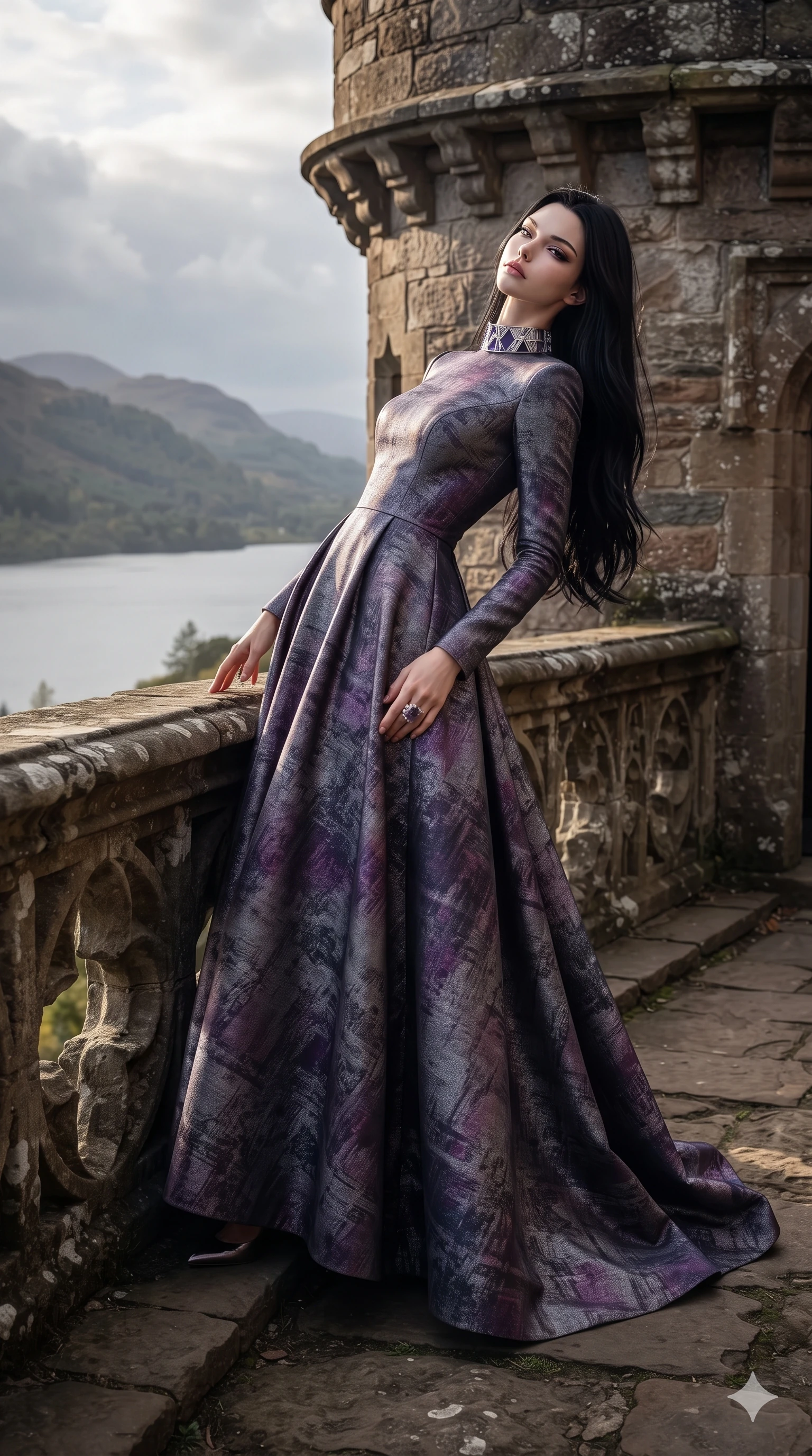 score_9, masterpiece, best quality, ultra-detailed, high-budget anime keyframe, editorial fashion photography, tasteful artistic composition, Korean woman. close-up cowboy shot from the waist and thighs up, the character dominates the composition, filling the frame with her large presence. leaning back against the balustrade with relaxed seductive grace, head tilted back slightly while casting a hypnotic, heavy-lidded gaze while standing perched on the narrow turret balcony edge with hips angled toward the camera, arching her back with high-fashion supermodel confidence above the loch. The surrounding environment is rendered in vivid detail and crisp panoramic clarity: detailed gown tailoring drape, metallic hardware accents, and historic Scottish stonework in high resolution. She has an exceptionally elegant, slender, and willowy female figure with an ultra-slim waist, flat toned midriff, narrow ribcage, and sculpted feminine hips creating an alluring, slim hourglass silhouette without bulk. sharp v-shaped jawline, high-bridge nose, intricate jewel-like eyes with depth, thick eyelashes, glossy parted lips with a natural sheen, intensely captivating and seductive bedroom-eyes expression, flawlessly proportioned anatomical accuracy, strict slender model proportions, natural body alignment, perfectly sculpted long slender limbs, ultra-slim waistline, clean dynamic posture without body distortion. wearing a high-neck long-sleeve evening gown in structured silk mikado with a regal floor-sweeping A-line skirt in Highland heather violet and slate granite, tailored from water-resistant treated wool gabardine and flexible stretch silk, complemented by a bold geometric choker and sparkling cocktail ring, the bespoke structured tailoring following the natural line of her 8.5-heads silhouette with refined elegance. sharp directional rim lights sculpting her sculpted collarbones, ultra-slim waist, and curvy hips. ultra-reflective glossy finish, specular highlights, rich textural contrasts, high-contrast stereoscopic depth, volumetric dynamic lighting, 2k, ultra detail, master piece, 9:16 ratio