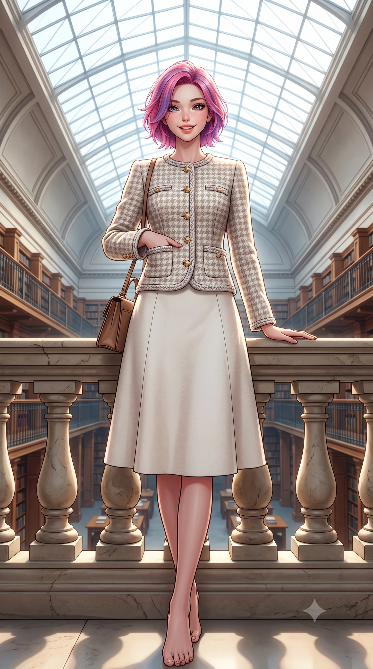 score_9, masterpiece, best quality, ultra-detailed, high-budget anime keyframe, semi-realistic 3D game render, editorial fashion photography, tasteful artistic composition, Caucasian woman. low angle full-body shot from head to toe showing her feet, filling the entire 9:16 vertical frame with her statuesque presence, stretching her vertical silhouette. standing tall and centered in the frame with hands tucked into her coat pockets, radiating statuesque poise and calm warmth while turning with a delightful beam toward the camera while resting one hand on the stone balustrade of the grand reading room. The surrounding environment is rendered in vivid detail and crisp panoramic clarity: detailed houndstooth tweed jacket weave, gold embossed coin buttons, and monumental British architecture in high resolution. She has an exceptionally tall and slender model-like 8.5-heads proportion, an ultra-slim waist, a flat toned midriff, narrow delicate ribcage, and beautifully sculpted feminine hips creating a graceful, slim hourglass silhouette without any bulky heaviness, with impossibly long slender legs. sharp v-shaped jawline, high-bridge nose, intricate jewel-like sparkling eyes with depth, thick eyelashes, glossy parted lips with a natural peach sheen, bright cheerful beaming smile with an enchanting and coquettish sensual glint, exuding both youthful cute charm and seductive allure, flawlessly proportioned anatomical accuracy, strict slender model proportions, natural body alignment, perfectly sculpted long slender limbs, ultra-slim waistline, clean dynamic posture without body distortion. wearing a collarless pastel bouclé tweed jacket with braided trims paired with a coordinating high-waisted A-line midi skirt in Swiss alpine snow white and oat cashmere, tailored from heavyweight double-faced wool with clean architectural edges, finished with a structured leather top-handle mini bag resting gracefully at her side, the sharp shoulder tailoring and gently nipped waist framing her slender torso with pristine sartorial perfection. bathed in voluminous pure white zenithal daylight filtering through the vast geometric glass skylight canopy. highly saturated vibrant anime colors, detailed shading with soft gradients, rich glossy textures, high-contrast stereoscopic depth, volumetric dynamic lighting, master piece, 9:16 ratio