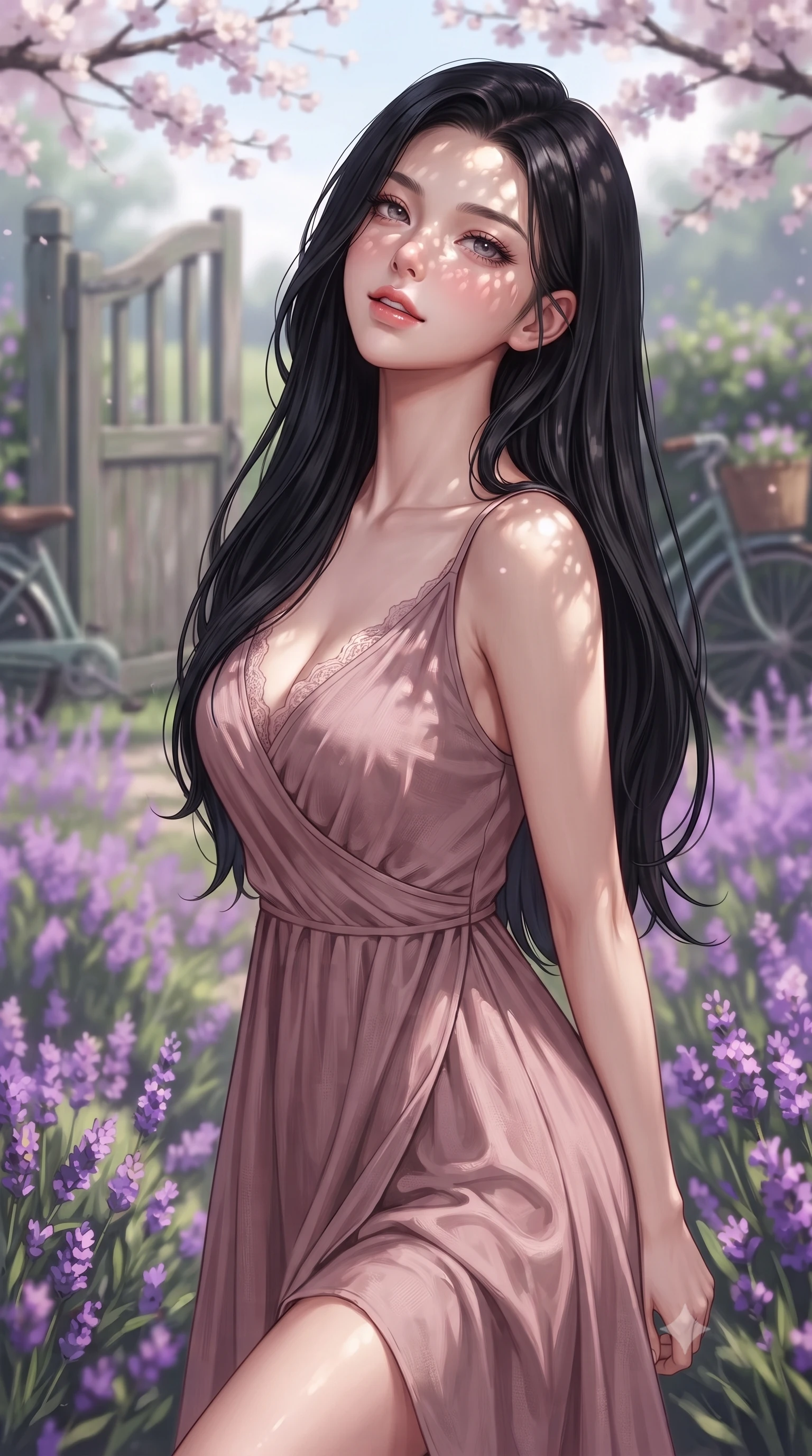 score_9, masterpiece, best quality, ultra-detailed, high-budget anime keyframe, editorial fashion photography, tasteful artistic composition, Korean woman. close-up cowboy shot from the waist and thighs up, the character dominates the composition, filling the frame with her large presence, background elements kept in soft focus. archingly tilting her head back slightly with a soft, sensual half-smile and parted lips set against a soft-focus background of surrounded by a beautiful purple meadow of blooming wild lavender with a wooden garden gate and a vintage bicycle in the background. She has an exceptionally elegant, slender, and willowy female figure with an ultra-slim waist, a gracefully sculpted slender torso, and a refined silhouette. sharp v-shaped jawline, high-bridge nose, intricate jewel-like eyes with depth, thick eyelashes, glossy lips with a natural sheen. wearing slim-fit flowy linen sundress in dusty rose, draped softly and comfortably. dappled sunlight filtering through the cherry blossom branches onto her face. highly saturated vibrant anime colors, detailed shading with soft gradients, rich glossy textures, high-contrast stereoscopic depth, volumetric dynamic lighting, master piece, 9:16 ratio