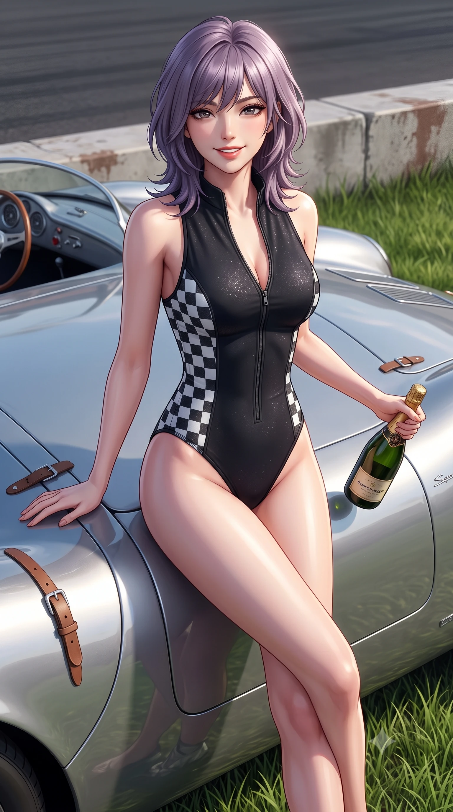 score_9, masterpiece, best quality, ultra-detailed, high-budget anime keyframe, semi-realistic 3D game render, editorial fashion photography, tasteful artistic composition, Japanese woman. close-up cowboy shot from the waist and thighs up, the character dominates the composition, filling the frame with her large presence. leaning back against the pit wall with relaxed seductive grace, her flat midriff and narrow waist highlighted as sunlight traces her curves while sitting perched on the speedster's low rear deck with legs crossed, holding a bottle of chilled champagne with vintage Riviera glamour. The surrounding environment is rendered in vivid detail and crisp panoramic clarity: sharp speedster curved aluminum body lines, leather bonnet strap buckles, and lawn grass blade clarity in deep focus. She has an exceptionally elegant, slender, and willowy female figure with an ultra-slim waist, flat toned midriff, narrow ribcage, and sculpted feminine hips creating an alluring, slim hourglass silhouette without bulk. sharp v-shaped jawline, high-bridge nose, sparkling eyes with athletic focus and depth, thick curled eyelashes, glossy parted lips with a natural coral-peach sheen, bright confident and coquettish smile with alluring bedroom-eyes, exuding both youthful sporty vigor and sovereign high-society glamour, flawlessly proportioned anatomical accuracy, strict slender model proportions, natural body alignment, perfectly sculpted long slender limbs, ultra-slim waistline, clean dynamic posture without body distortion. wearing a modern paddock jumpsuit with zip-down front collar and high-cut leg openings in sleek stretch jersey in matte obsidian black and checkered flag white, woven from metallic lurex and technical nylon with subtle starlight glints, finished with criss-cross back athletic straps highlighting her graceful shoulder blades, the form-fitting tailored bodice adhering flawlessly to her sculpted flat midriff and slender torso, emphasizing her long leg lines and perfectly proportioned willowy build. illuminated by polished car aluminum bounce and sharp platinum rim lights defining her razor-sharp jawline, narrow waist, and curvy hips. highly saturated vibrant anime colors, detailed shading with soft gradients, rich glossy textures, high-contrast stereoscopic depth, volumetric dynamic lighting, master piece, 9:16 ratio