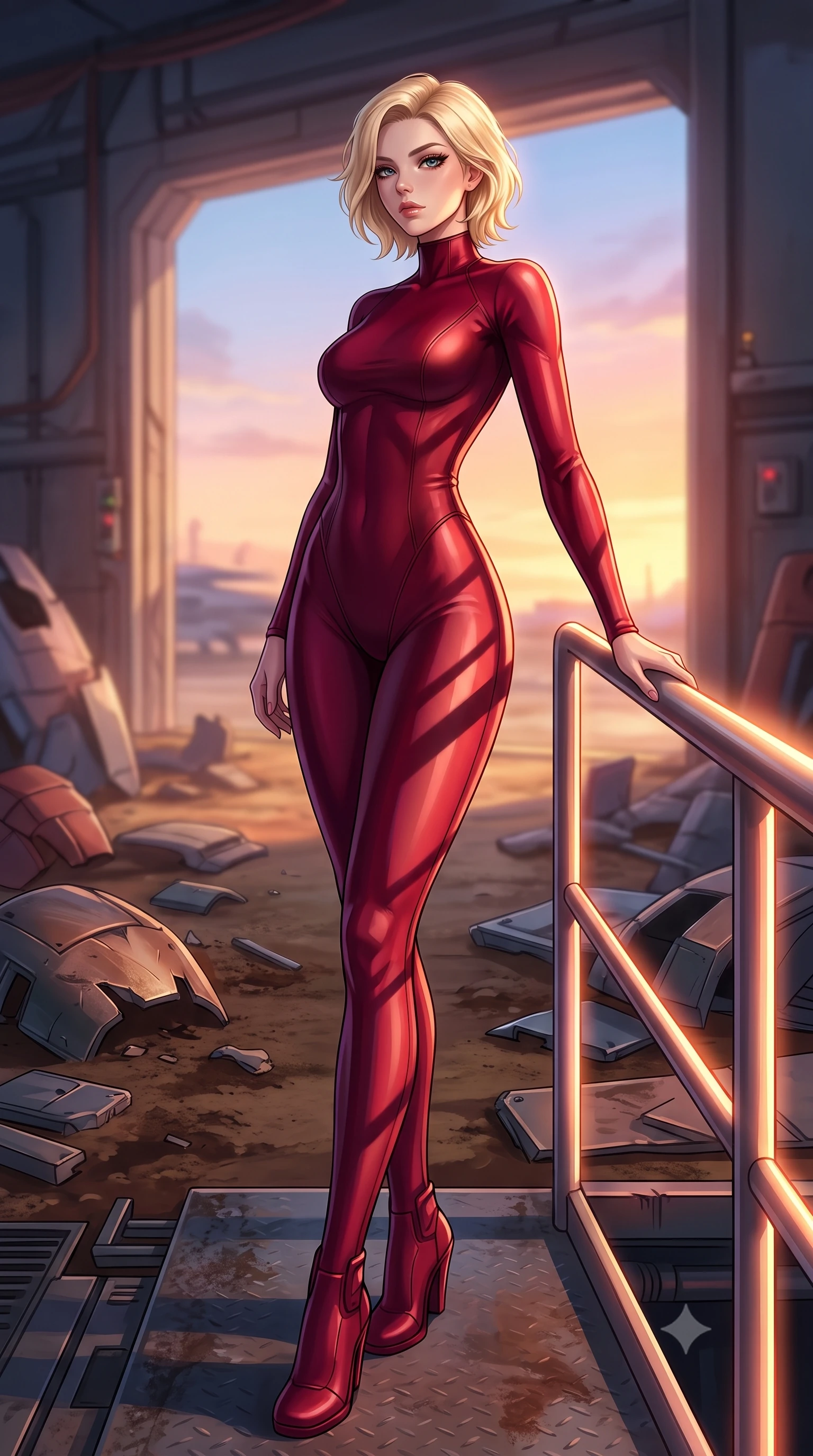 score_9, masterpiece, best quality, ultra-detailed, high-budget anime keyframe, editorial fashion photography, tasteful artistic composition, Caucasian woman. low angle full-body shot from head to toe showing her feet, filling the entire 9:16 vertical frame with her statuesque presence, stretching her vertical silhouette. standing in a tall, confident posture with one hand on a glowing metal railing, stretching her statuesque body, the background shows a soft-focus a starship repair hangar with broken armor plates scattered on the soil. She has an absolutely perfect, statuesque 8.5-heads proportion, an exceptionally tall and slender model-like female figure with impossibly long slender legs and an ultra-slim waist. sharp v-shaped jawline, high-bridge nose, intricate jewel-like eyes with depth, thick eyelashes, glossy lips with a natural sheen. wearing a form-contouring form-contouring high-neck bodycon suit in deep crimson, contouring her athletic build like a second skin. dramatic sunset light casting long, geometric metal shadow lines on her form. highly saturated vibrant anime colors, detailed shading with soft gradients, rich glossy textures, high-contrast stereoscopic depth, volumetric dynamic lighting, master piece, 9:16 ratio