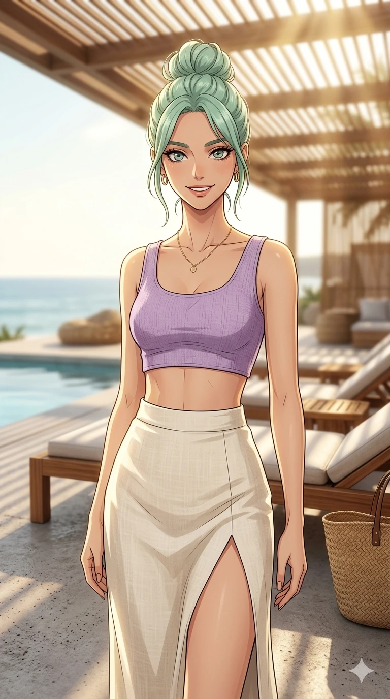score_9, masterpiece, best quality, ultra-detailed, high-budget anime keyframe, editorial fashion photography, tasteful artistic composition, Japanese woman. cowboy shot from the thighs up, character and outfit filling the frame for maximum editorial presence. smiling happily with quiet, magnetic charm, looking directly into the camera standing on a concrete deck of a high-end beach club. She has an absolutely perfect 8-heads proportion, an exceptionally tall and slender female figure with impossibly long slender legs and an ultra-slim waist. V-shaped jawline, high-bridge nose, intricate jewel-like eyes with depth, thick eyelashes, glossy lips with a natural sheen. wearing a lavender crop top showing her delicately sculpted midriff, and a split linen skirt. bathed in warm afternoon sunbeams creating soft, warm highlights on her skin. 2k, ultra detail, master piece, 9:16 ratio
