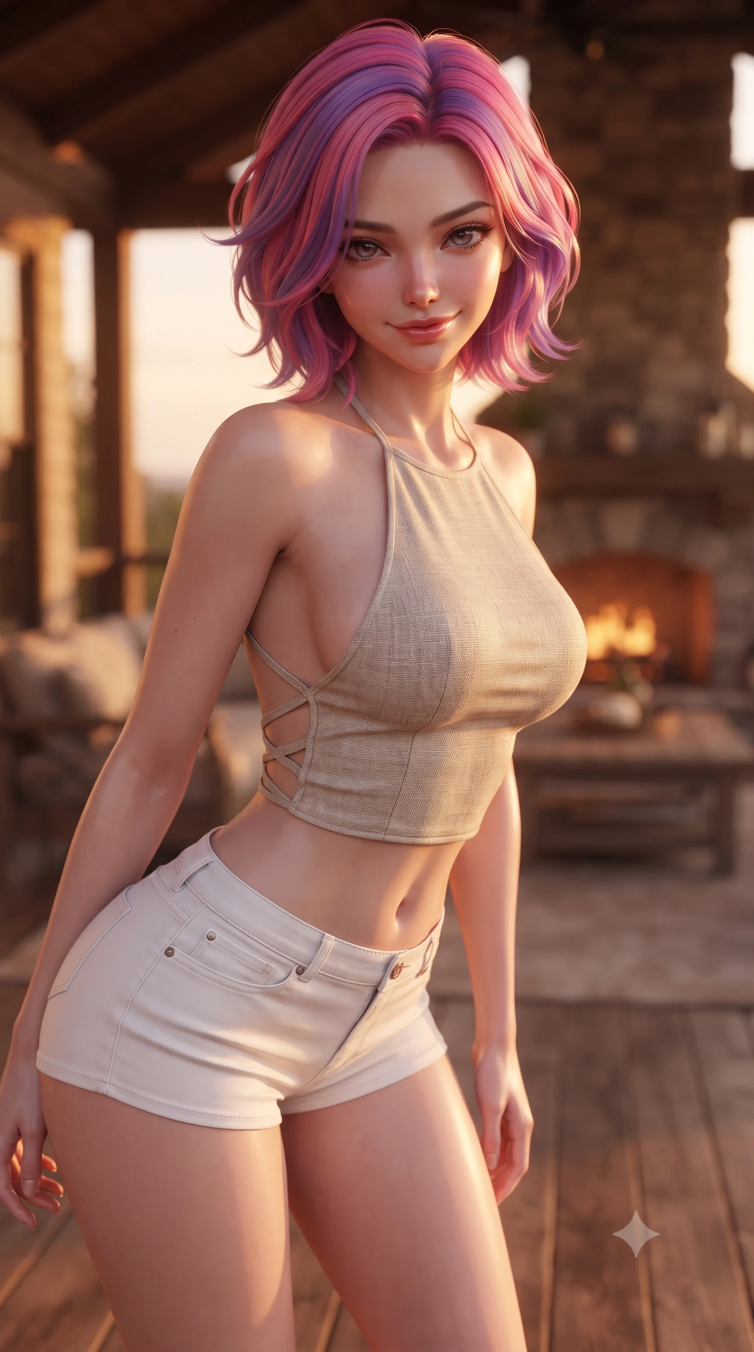 score_9, masterpiece, best quality, ultra-detailed, high-budget anime keyframe, editorial fashion photography, tasteful artistic composition, Caucasian woman. close-up cowboy shot from the waist and thighs up, the character dominates the composition, filling the frame with her large presence, background elements kept in soft focus. leaning slightly forward with a playful, teasing smile, her gaze locked onto the viewer the background shows a soft-focus a rustic wood deck with a stone fireplace facing a lake in a private estate. She has an exceptionally elegant, slender, and willowy female figure with an ultra-slim waist, a gracefully sculpted slender torso, and a refined silhouette. sharp v-shaped jawline, high-bridge nose, intricate jewel-like eyes with depth, thick eyelashes, glossy lips with a natural sheen. wearing a body-hugging stylish linen halter top with an open-back design, paired with white micro-shorts. warm sunset light casting a peaceful, cozy orange wash on her figure. ultra-reflective glossy finish, specular highlights, metallic sheen, high-contrast stereoscopic depth, volumetric dynamic lighting, 2k, ultra detail, master piece, 9:16 ratio