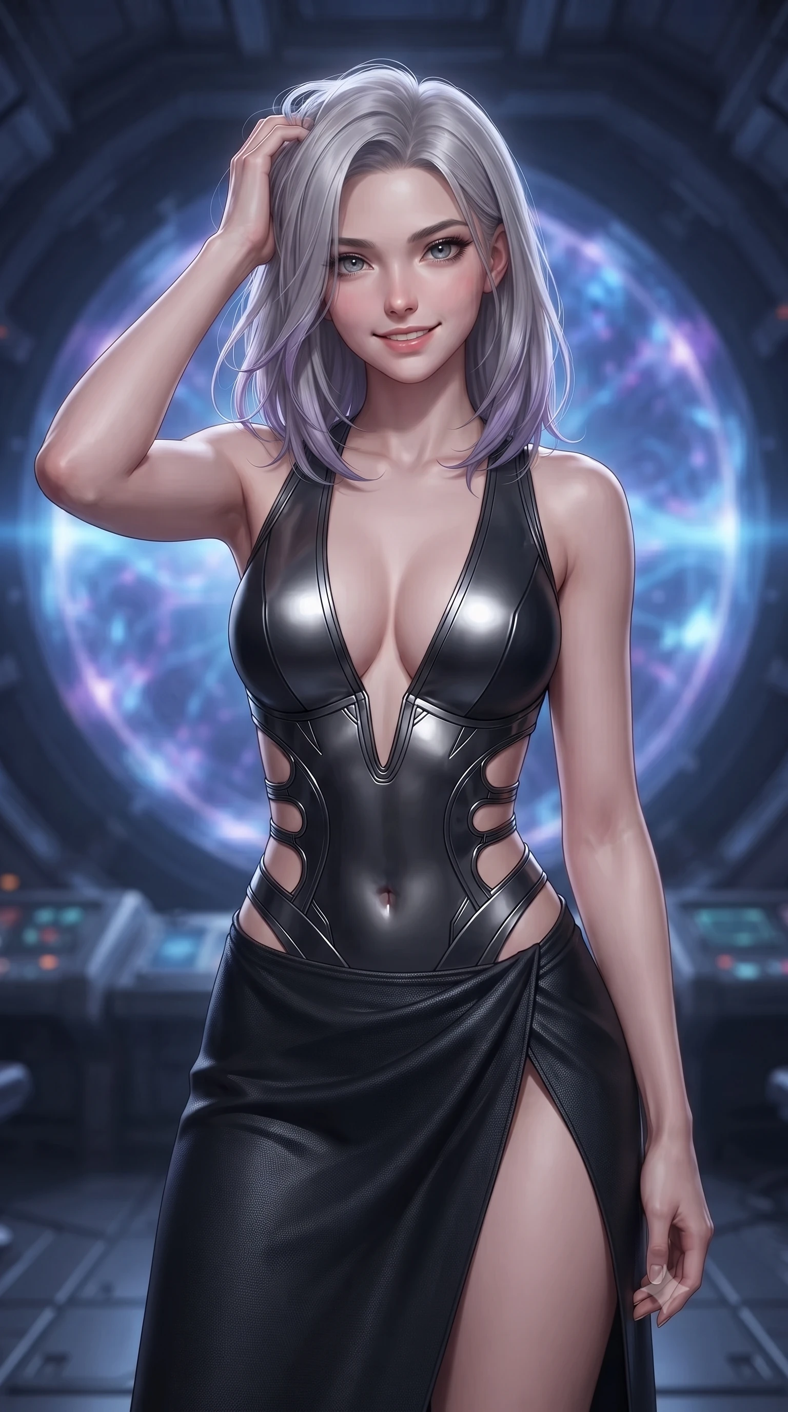 score_9, masterpiece, best quality, ultra-detailed, high-budget anime keyframe, editorial fashion photography, tasteful artistic composition, Caucasian woman. close-up cowboy shot from the waist and thighs up, the character dominates the composition, filling the frame with her large presence, background elements kept in soft focus. slowly running a hand through her hair, smiling with quiet, magnetic self-assurance directly into the camera, the background shows a soft-focus a spaceship engine room viewing deck facing a pulsating gravity core. She has an exceptionally elegant, slender, and willowy female figure with an ultra-slim waist, a gracefully sculpted slender torso, and a refined silhouette. sharp v-shaped jawline, high-bridge nose, intricate jewel-like eyes with depth, thick eyelashes, glossy lips with a natural sheen. wearing a body-hugging deep plunging-V neck bodycon armor top, featuring keyhole cutouts along the ribs and a thigh-slit wrap skirt. shifting blue plasma flares from the core casting high-contrast chiaroscuro shadows. ultra-reflective glossy finish, specular highlights, metallic sheen, high-contrast stereoscopic depth, volumetric dynamic lighting, 2k, ultra detail, master piece, 9:16 ratio