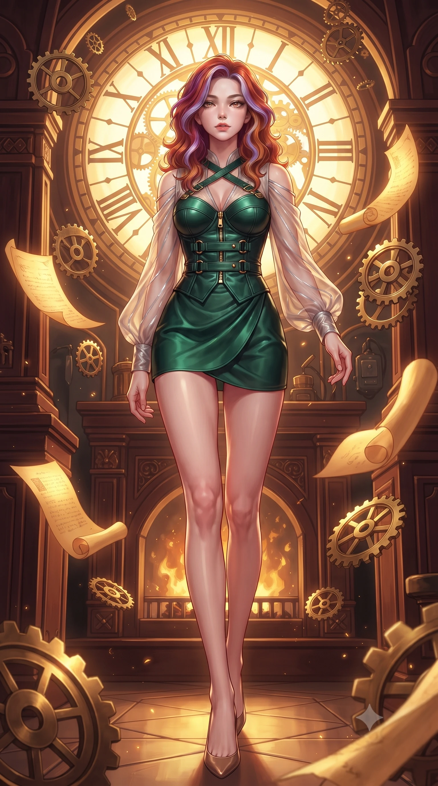 score_9, masterpiece, best quality, ultra-detailed, high-budget anime keyframe, editorial fashion photography, tasteful artistic composition, Caucasian woman. low angle full-body shot from head to toe showing her feet, filling the entire 9:16 vertical frame with her statuesque presence, stretching her vertical silhouette. stepping forward with proud posture, filling the vertical frame with her magnetic presence surrounded by floating antique brass gears and glowing golden parchment scrolls, rich mahogany and polished bronze textures reflecting warm hearth light. She has an absolutely perfect, statuesque 8.5-heads proportion, an exceptionally tall and slender model-like female figure with impossibly long slender legs and an ultra-slim waist. sharp v-shaped jawline, high-bridge nose, intricate jewel-like eyes with depth, thick eyelashes, glossy lips with a natural sheen. wearing a tailored leather bustier over a sheer silk chiffon blouse in deep emerald green and silver accent, crafted from smooth liquid silk, complemented by criss-cross back straps highlighting her bare shoulders, the form-contouring material highlighting her ultra-slim waist and long lines. illuminated by a brilliant golden hour glow filtering through clockwork dials. highly saturated vibrant anime colors, detailed shading with soft gradients, rich glossy textures, high-contrast stereoscopic depth, volumetric dynamic lighting, master piece, 9:16 ratio