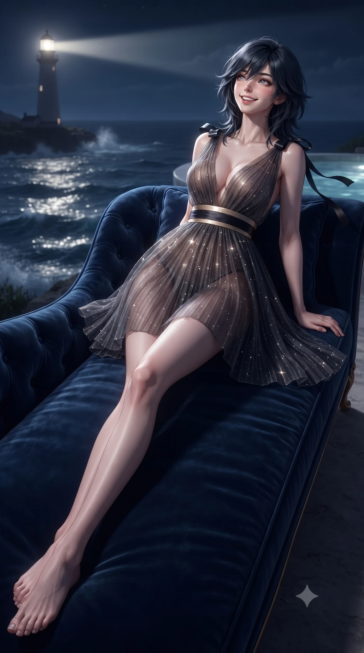 score_9, masterpiece, best quality, ultra-detailed, high-budget anime keyframe, editorial fashion photography, tasteful artistic composition, Caucasian woman. low angle full-body shot from head to toe showing her feet, filling the entire 9:16 vertical frame with her statuesque presence, stretching her vertical silhouette. reclining gracefully across the plush chaise lounge with one leg extended, her sculpted silhouette and flat midriff radiating magnetic nocturnal glamour while standing poised on the secluded cliff promontory beside the private infinity spa, arching her spine with siren grace as the historic lighthouse beacon sweeps across dark waves. The background shows a soft-focus gentle infinity spa ripples softened in secluded southern cape sanctuary shallow focus. She has an exceptionally tall and slender model-like 8.5-heads proportion, an ultra-slim waist, a flat toned midriff, narrow delicate ribcage, and beautifully sculpted feminine hips creating a graceful, slim hourglass silhouette without any bulky heaviness, with impossibly long slender legs. sharp v-shaped jawline, high-bridge nose, intricate jewel-like sparkling eyes with depth, thick eyelashes, glossy parted lips with a natural peach sheen, bright cheerful beaming smile with an enchanting and coquettish sensual glint, exuding both youthful cute charm and seductive allure, flawlessly proportioned anatomical accuracy, strict slender model proportions, natural body alignment, perfectly sculpted long slender limbs, ultra-slim waistline, clean dynamic posture without body distortion. wearing a sheer pleated silk organza babydoll dress with plunging sweetheart neckline and satin waist ribbon in midnight noir obsidian black and pure champagne gold, woven from stretch metallic lurex jersey casting radiant starlight glints across her curves, finished with satin ribbon ties at the shoulders fluttering in the gentle breeze, the glove-like clinging cut tightly following the natural contour of her hips and long slender legs with youthful 8.5-heads elegance. illuminated by sea spray specular highlights and sharp platinum-gold rim lights defining her jawline, narrow waist, and curvy hips. ultra-reflective glossy finish, specular highlights, rich textural contrasts, high-contrast stereoscopic depth, volumetric dynamic lighting, 2k, ultra detail, master piece, 9:16 ratio