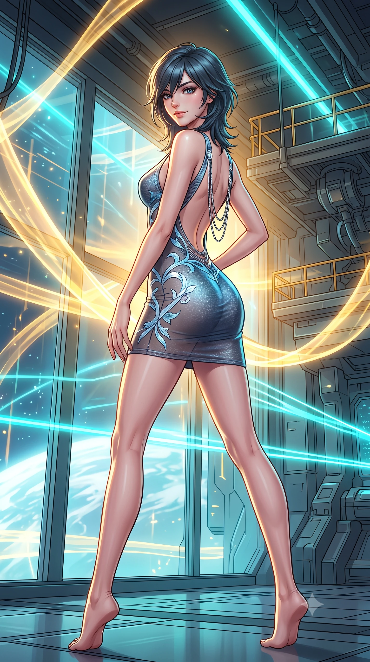 score_9, masterpiece, best quality, ultra-detailed, high-budget anime keyframe, semi-realistic 3D game render, editorial fashion photography, tasteful artistic composition, Caucasian woman. low angle full-body shot from head to toe showing her feet, filling the entire 9:16 vertical frame with her statuesque presence, stretching her vertical silhouette. posing in a classic haute-couture S-curve stance beside the floor-to-ceiling window, looking over a bare shoulder with magnetic presence while twisting her slender torso in an alluring S-curve, golden plasma ribbons and cyan laser containment fields criss-crossing across her flat midriff and hourglass curves. The surrounding environment is rendered in vivid detail and crisp panoramic clarity: detailed anime styling, glossy highlights, and monumental fusion energy craft in high resolution. She has an exceptionally tall and slender model-like 8.5-heads proportion, an ultra-slim waist, a flat toned midriff, narrow delicate ribcage, and beautifully sculpted feminine hips creating a graceful, slim hourglass silhouette without any bulky heaviness, with impossibly long slender legs. sharp v-shaped jawline, high-bridge nose, intricate jewel-like sparkling eyes with depth, thick eyelashes, glossy parted lips with a natural peach sheen, bright cheerful beaming smile with an enchanting and coquettish sensual glint, exuding both youthful cute charm and seductive allure, flawlessly proportioned anatomical accuracy, strict slender model proportions, natural body alignment, perfectly sculpted long slender limbs, ultra-slim waistline, clean dynamic posture without body distortion. wearing a provocative sheer noir illusion mesh combat dress with embroidered climbing metallic ivy ribbons contouring her curves in arctic cryo-glacier ice blue and platinum white, woven from stretch metallic lurex jersey casting radiant starlight glints across her curves, accented with an open-back drape framed by falling strands of delicate chrome chains, the bespoke structured tailoring following the natural line of her 8.5-heads silhouette with refined elegance. illuminated by gantry reflection bounce and sharp sunburst-gold rim lights defining her jawline, narrow waist, and curvy hips. highly saturated vibrant anime colors, detailed shading with soft gradients, rich glossy textures, high-contrast stereoscopic depth, volumetric dynamic lighting, master piece, 9:16 ratio