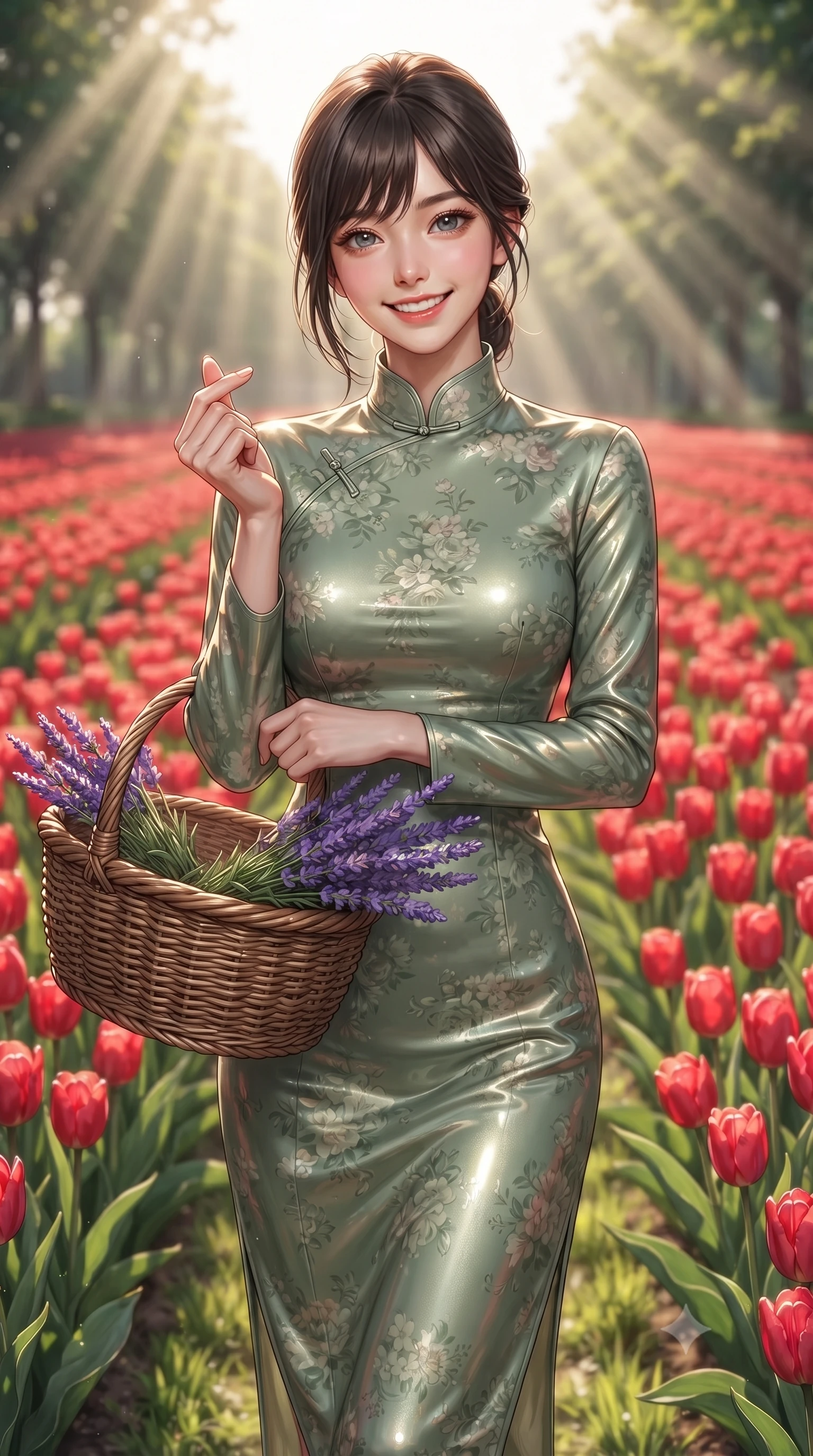 score_9, masterpiece, best quality, ultra-detailed, high-budget anime keyframe, editorial fashion photography, tasteful artistic composition, Korean woman. close-up cowboy shot from the waist and thighs up, the character dominates the composition, filling the frame with her large presence, background elements kept in soft focus. flashing a bright, sunny grin, holding her fingers in a cute small heart shape set against a soft-focus background of in a bright field of red tulips stretching to the horizon carrying a woven basket filled with freshly picked lavender stems. She has an exceptionally elegant, slender, and willowy female figure with an ultra-slim waist, a gracefully sculpted slender torso, and a refined silhouette. sharp v-shaped jawline, high-bridge nose, intricate jewel-like eyes with depth, thick eyelashes, glossy lips with a natural sheen. wearing slim-fit lovely floral print midi dress in sage green, featuring a high collar and long sleeves. volumetric sunbeams slicing through tree edges onto the grassy meadow. ultra-reflective glossy finish, specular highlights, metallic sheen, high-contrast stereoscopic depth, volumetric dynamic lighting, 2k, ultra detail, master piece, 9:16 ratio
