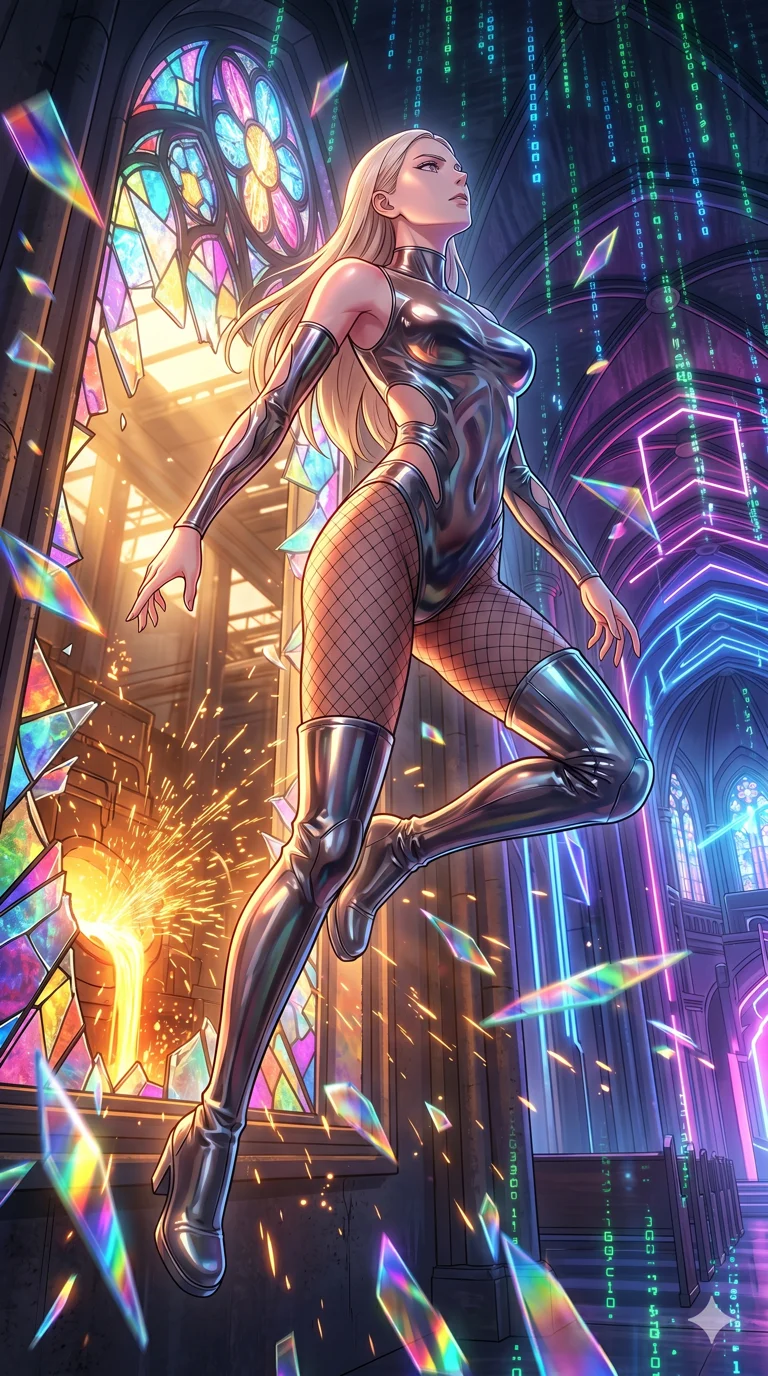 score_9, masterpiece, best quality, ultra-detailed, High-budget Anime Keyframe, vibrant colors, fluid line-art, expressive lighting, cinematic composition, Ufotable-style visual effects, top-tier animation quality, Caucasian woman with pale skin, blonde hair, and (strictly human ears). Low angle cowboy shot filling the entire 9:16 frame with her statuesque presence, looking up to emphasize her height. Leaping through the shattered stained glass of a neon-lit futuristic cathedral, her body caught in mid-air as prismatic light fragments explode around her and digital rain falls from the vaulted ceiling. She has an absolutely perfect 8-heads proportion, an exceptionally tall and slender female figure with impossibly long slender legs and an ultra-slim waist, her statuesque height and towering silhouette dominating the vertical 9:16 frame. Her face is a masterpiece featuring a sharp v-shaped jawline, high-bridge nose, intricate jewel-like eyes with depth, thick eyelashes, and glossy lips with a natural sheen. She is wearing a Molten metal-look bodysuit with daring cut-outs and a high-cut silhouette crafted from Transparent PVC with a high-gloss finish that reveals the intricate layers beneath, accompanied by sensual fishnet stockings and thigh-high metallic boots. The scene is set in a gritty industrial factory with glowing molten metal, flying sparks, and deep shadows, illuminated by golden hour sunlight that gives her skin a warm, radiant glow. 2k, ultra detail, master piece, 9:16 ratio