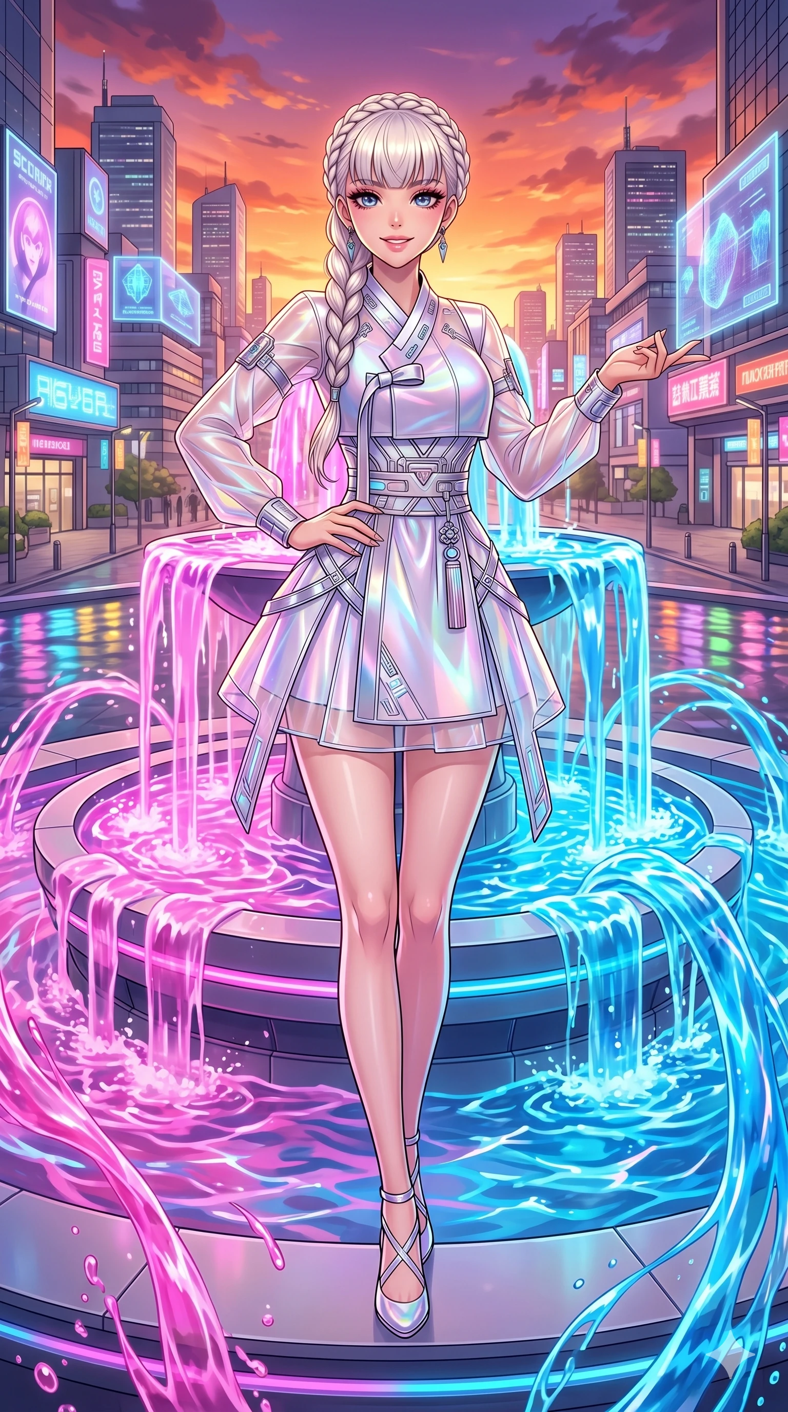 score_9, masterpiece, best quality, ultra-detailed, High-budget Anime Keyframe, beautiful Japanese anime girl. Upper body close-up from the thighs up, character filling the screen for maximum presence. Standing in a fountain of colorful liquid in a futuristic plaza at sunset. She has an absolutely perfect 8-heads proportion, an exceptionally tall and slender female figure with impossibly long slender legs and an ultra-slim waist. Sharp v-shaped jawline, high-bridge nose, intricate jewel-like eyes with depth, thick eyelashes, glossy lips with a natural sheen. Wearing a Modern Traditional outfit: tech-hanbok with transparent silk panels and metallic silver straps. Background is a bright and colorful city plaza with vibrant pink and blue water and fiery orange sky. 2k, ultra detail, master piece, 9:16 ratio