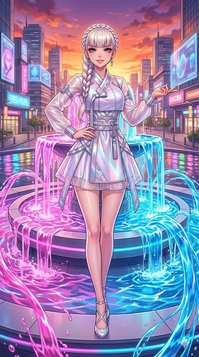 score_9, masterpiece, best quality, ultra-detailed, High-budget Anime Keyframe, beautiful Japanese anime girl. Upper body close-up from the thighs up, character filling the screen for maximum presence. Standing in a fountain of colorful liquid in a f