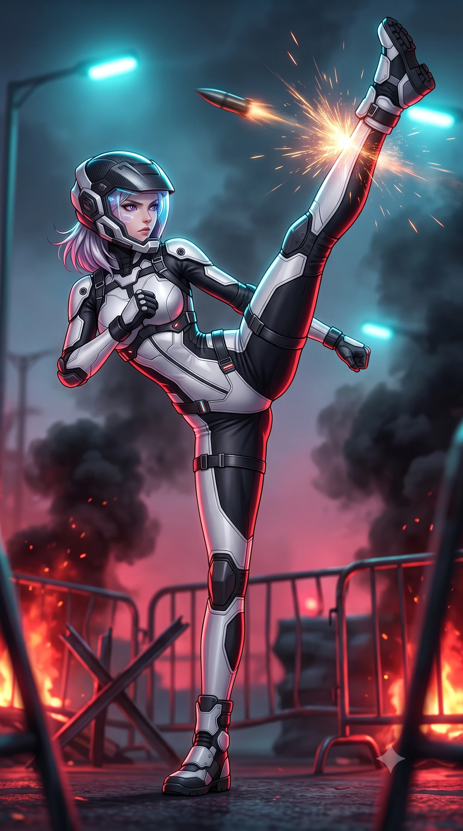 score_9, masterpiece, best quality, ultra-detailed, high-budget anime keyframe, semi-realistic 3D game render, editorial fashion photography, tasteful artistic composition, Caucasian woman. low angle full-body shot from head to toe showing her feet, filling the entire 9:16 vertical frame with her statuesque presence, stretching her vertical silhouette. executing a breathtaking zero-gravity high-kick with full 180-degree vertical extension, her impossibly long slender legs dominating the frame with razor-sharp poise while delivering a sweeping roundhouse kick that deflects an incoming kinetic projectile with thunderous impact. The composition keeps background elements in soft focus with creamy bokeh. twisted metal barriers and rising black smoke plumes softened in moody shallow focus. She has an absolutely perfect, statuesque 8.5-heads proportion, an exceptionally tall and slender model-like female figure with impossibly long slender legs, a toned flat midriff, and an ultra-slim waist. sharp v-shaped jawline, high-bridge nose, intricate jewel-like eyes with depth, thick eyelashes, glossy lips with a natural sheen, fierce and resolute heroine expression, flawlessly proportioned anatomical accuracy, strict slender model proportions, natural body alignment, perfectly sculpted long slender limbs, ultra-slim waistline, clean dynamic posture without body distortion. wearing an open-face aerodynamic carbon-fiber combat helmet with a retracted transparent holographic HUD visor framing her sharp jawline and jewel-like eyes, paired with a tailored tactical combat jumpsuit with an open-back harness design, reinforced composite breastplate, and high-mobility elbow dampers in monochrome white enamel carbon with high-contrast black tactical panels, made of lightweight aerodynamic carbon-titanium alloy with precision-beveled armor seams, reinforced by a heavy-duty titanium tactical harness and glowing micro-energy status straps, the liquid-tight tailored fabric emphasizing every curve of her tall, slender model proportions and sculptured silhouette during dynamic movement. bathed in blazing crimson barricade fire glow and high-contrast electric cyan streetlamp rim lights. rich saturated anime colors with glowing neon highlights, detailed shading with soft gradients, rich glossy textures, high-contrast stereoscopic depth, volumetric dynamic lighting, master piece, 9:16 ratio