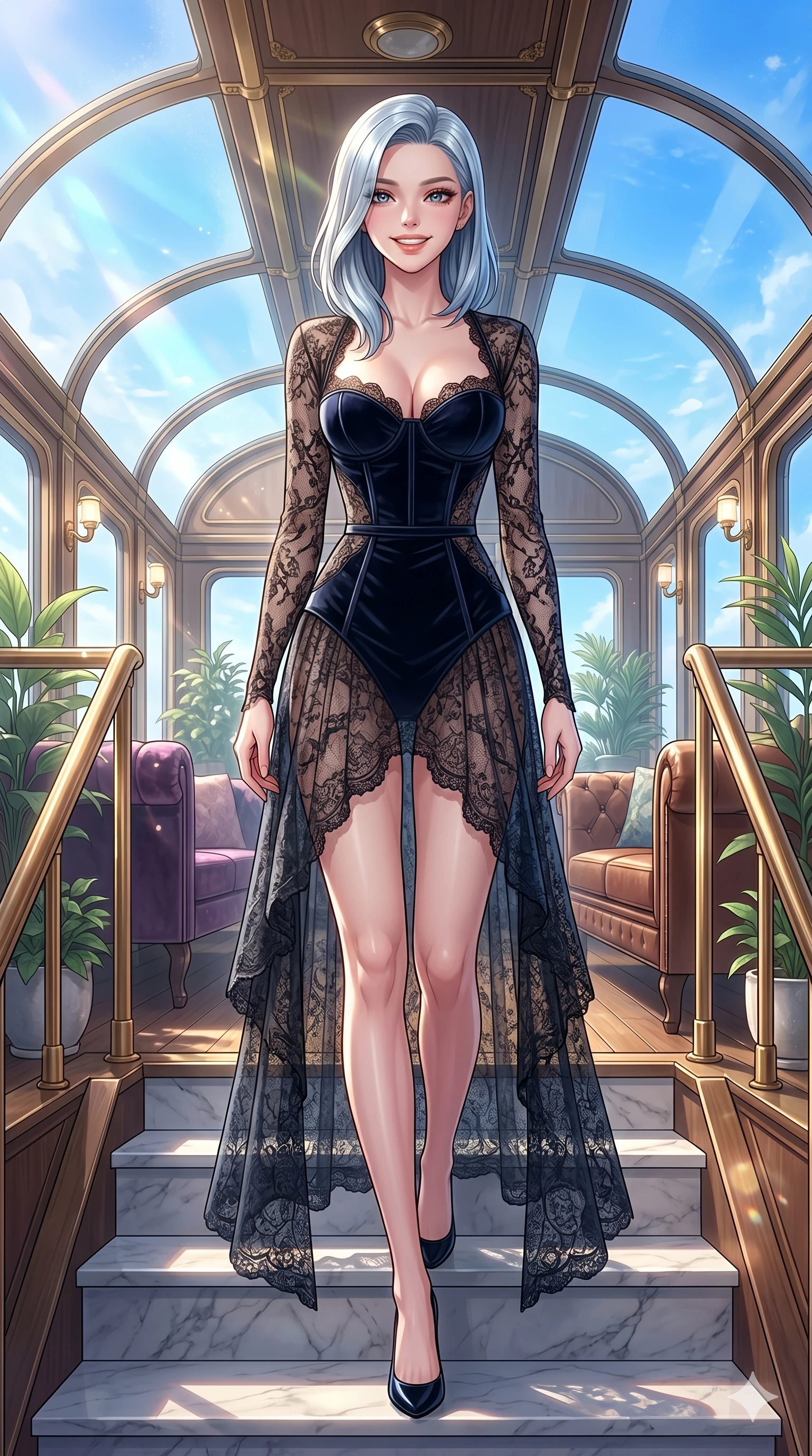 score_9, masterpiece, best quality, ultra-detailed, high-budget anime keyframe, vibrant anime aesthetic, Korean woman. cowboy shot from the thighs up, character and outfit filling the frame for maximum presence. She is standing on the marble steps, looking at the camera with a radiant smile inside a luxury train lounge car under blue sky (Code-P20-198). She has an absolutely perfect 8-heads proportion, an exceptionally tall and slender female figure with impossibly long slender legs and an ultra-slim waist. V-shaped jawline, high-bridge nose, intricate jewel-like eyes with depth, thick eyelashes, glossy lips with a natural sheen. wearing a dark velvet corset showing her cleavage combined with a sheer lace wrap. She is bathed in soft morning light filtering through the glass walls of the conservatory. 2k, ultra detail, master piece, 9:16 ratio