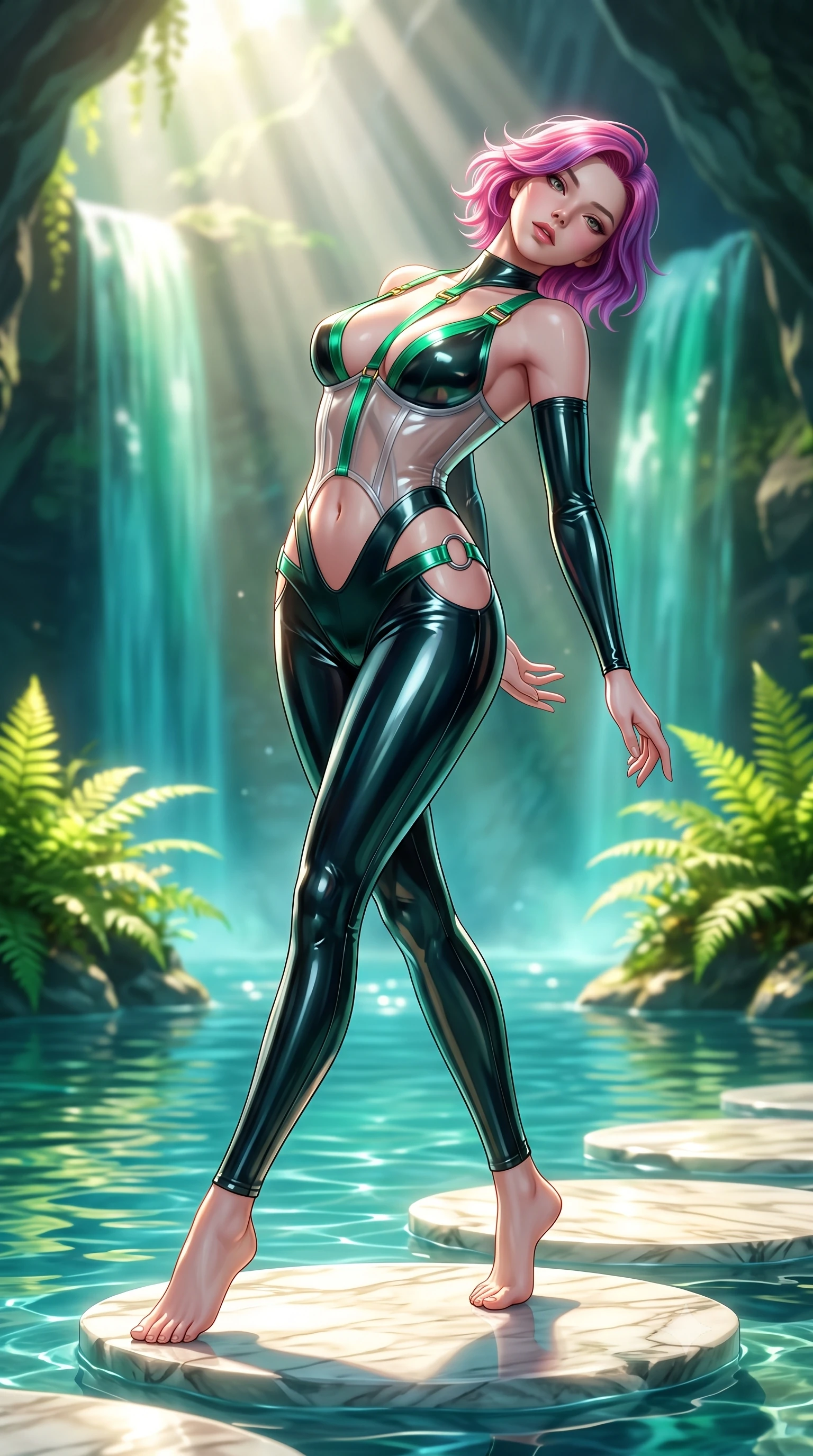 score_9, masterpiece, best quality, ultra-detailed, high-budget anime keyframe, semi-realistic 3D game render, editorial fashion photography, tasteful artistic composition, Caucasian woman. low angle full-body shot from head to toe showing her feet, filling the entire 9:16 vertical frame with her statuesque presence, stretching her vertical silhouette. arching her back in a fluid zero-gravity turn with sovereign grace, her long slender legs and sculpted torso creating a sweeping line while pivoting dynamically on a submerged marble stepping stone as sunbeams penetrate the crystal pool. The composition keeps background elements in soft focus with creamy bokeh. cascading emerald waterfalls and sunlit grotto ferns blurred into lush green and turquoise bokeh. She has an absolutely perfect, statuesque 8.5-heads proportion, an exceptionally tall and slender model-like female figure with impossibly long slender legs, a toned flat midriff, and an ultra-slim waist. sharp v-shaped jawline, high-bridge nose, intricate jewel-like eyes with depth, thick eyelashes, glossy lips with a natural sheen, flawlessly proportioned anatomical accuracy, strict slender model proportions, natural body alignment, perfectly sculpted long slender limbs, ultra-slim waistline, clean dynamic posture without body distortion. wearing a translucent cybernetic corset in semi-opaque structured vinyl, combined with detached sleeves and a deep-plunging neckline secured by glowing micro-straps in bright emerald green satin and gold hardware, crafted from ultra-reflective second-skin latex with a high-gloss glass-like polish, detailed with polished silver rings connecting the daring side-waist cutouts, the glove-like aerodynamic second-skin fit tightly clinging to her ultra-slender waist and athletic curves without adding bulk, accentuating her razor-sharp statuesque lines and slim hourglass silhouette. surrounded by a pristine, refreshing, and intensely seductive natural sanctuary atmosphere. highly saturated vibrant anime colors, detailed shading with soft gradients, rich glossy textures, high-contrast stereoscopic depth, volumetric dynamic lighting, master piece, 9:16 ratio